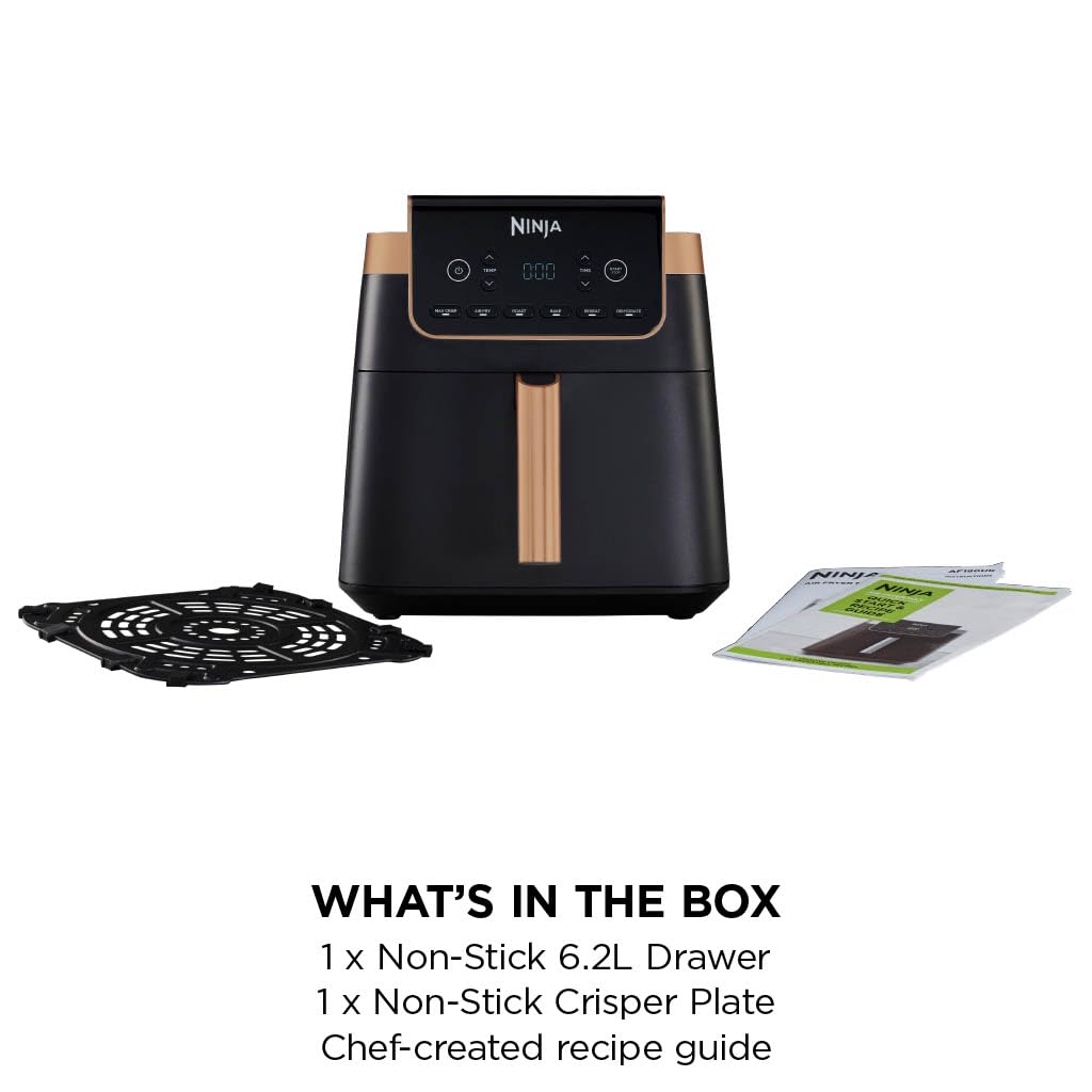 Ninja Air Fryer MAX PRO, 6.2L, Uses No Oil, Large Square Single Drawer, Roast, Bake, Air Fry, Family Size, Non-Stick, Dishwasher Safe Basket & Crisper Plate, Silicone Tongs, Black & Copper, AF180UKCP