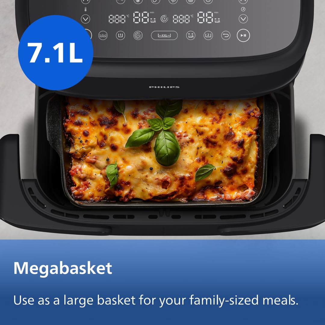 Philips Dual Basket Airfryer 1000 Series - 7.1L Mega Draw or Dual 3.5L+3.5L cooking zone, RapidAir Technology, 10 Cooking Functions, 90% Less Fat, Compact Design, (NA154/09)