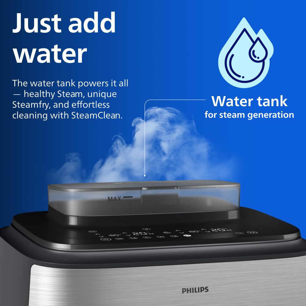 Philips Airfryer 5000 Series Dual Basket with Steam - Unique Steamfry, Steam & Airfry - 19 Ways to Cook; 9L Capacity (3L + 6L), RapidAir Plus Technology, Auto SteamClean (NA555/09)