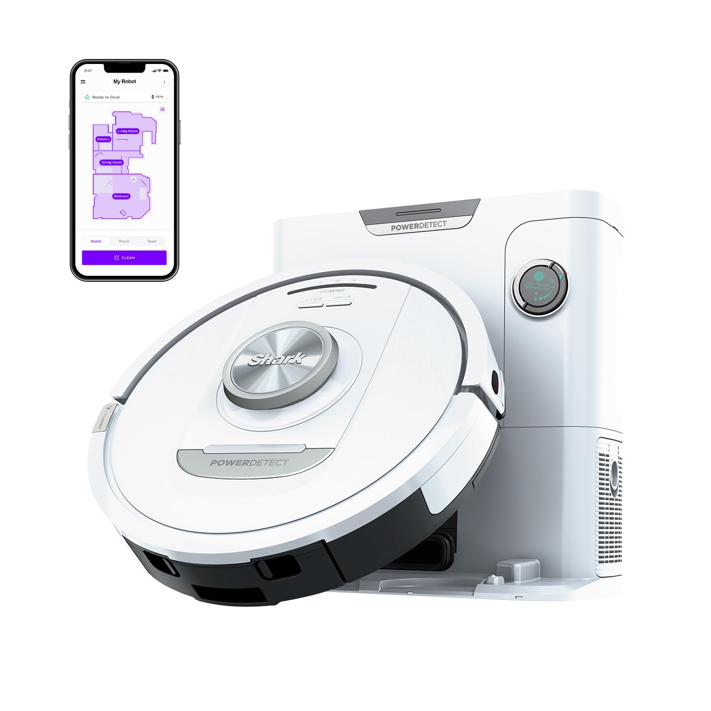 Shark PowerDetect Robot Vacuum with 60-Day Self-emptying Base - For Carpets, Hard Floors and Pet Hair - 3D LiDAR Navigation - Wi-Fi / App - Odour Cartridge and 2 Brushes Incl. - White