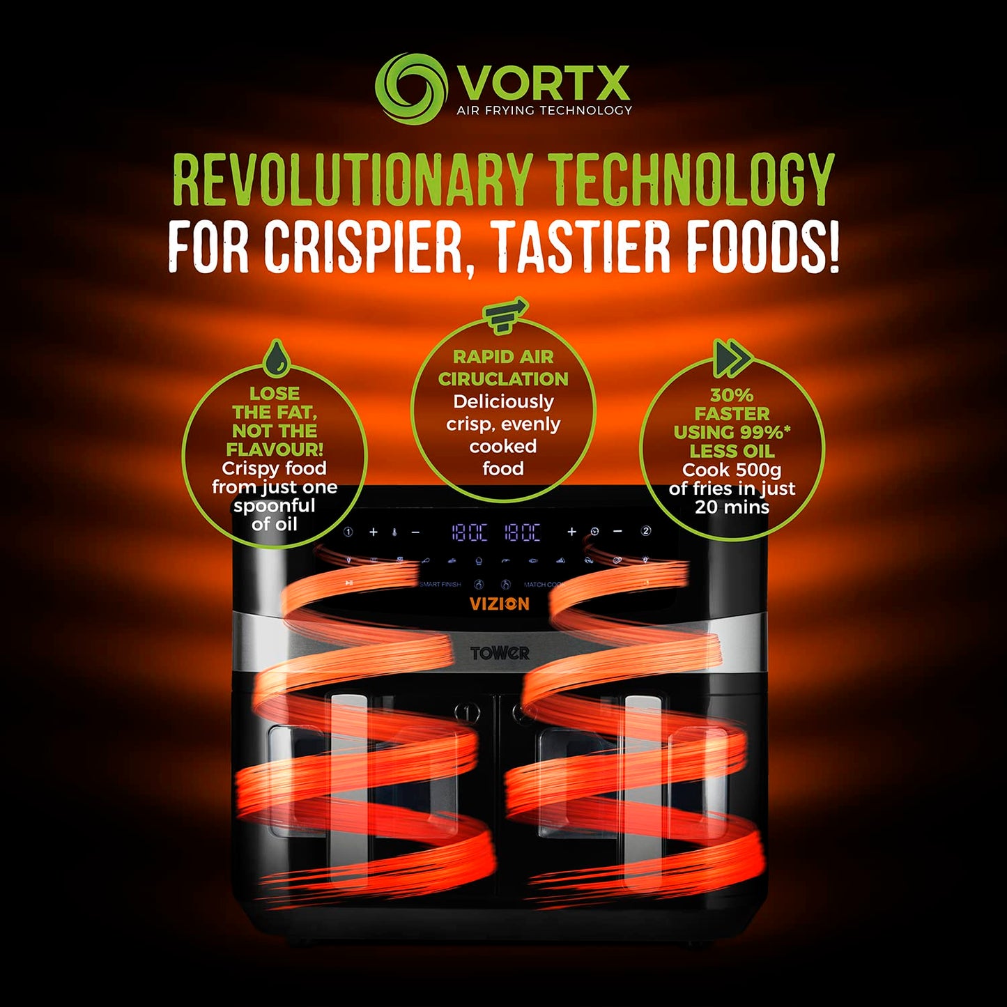 Tower T17100 Vortx Vizion 9L Double Basket Air Fryer - Black