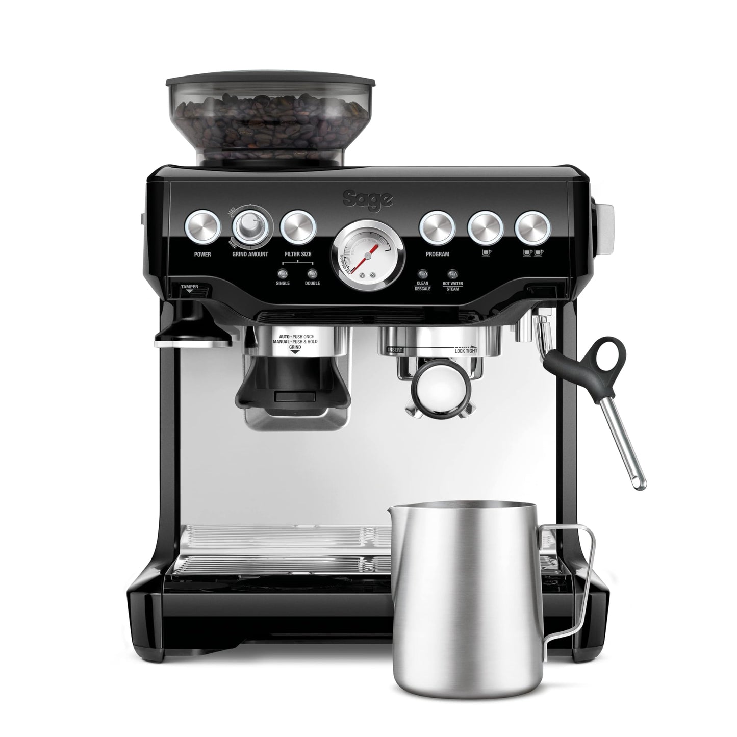 Sage - The Barista Express - Bean to Cup Coffee Machine with Grinder and Manual Milk Frother - 16 Grind Settings, 15 Bar Pump, PID Temp Control, Normal Milk Jug, Black Gloss