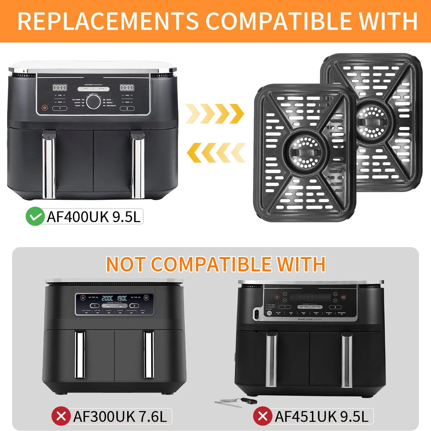 GWYXC 2 Pack Air Fryer Grill Pan for Ninja Foodi AF400UK 9.5L 6 in 1 DualZone 2 Drawers Air Fryer, Non-Stick Stainless Steel Replacement Crisper Plate Grill Tray Accessories, Dishwasher Safe