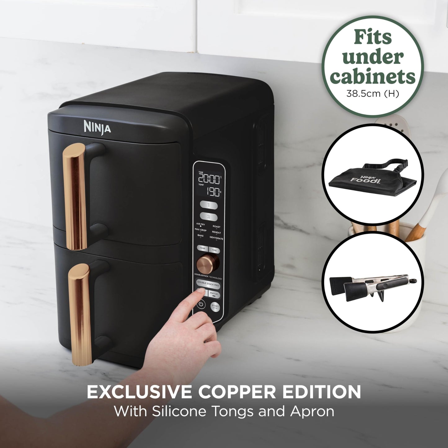 Ninja Double Stack XL Double Drawer Air Fryer, 4 Cooking Steps, 2 Drawers and 2 Stands, Space Saving Design, 9.5L Capacity, 6 Functions, 8 Serving, Tweezers, Black/Copper