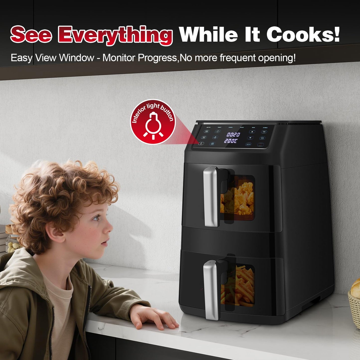 Dual Air Fryer, TopStrong Double Stack Air Fryer with Visual Window, 6 Functions-Air Fry, Air Roast, Bake, Broil, Reheat, Dehydrate, Dishwasher Safe Non-Stick Baskets, 2500W, Family Size(11L)