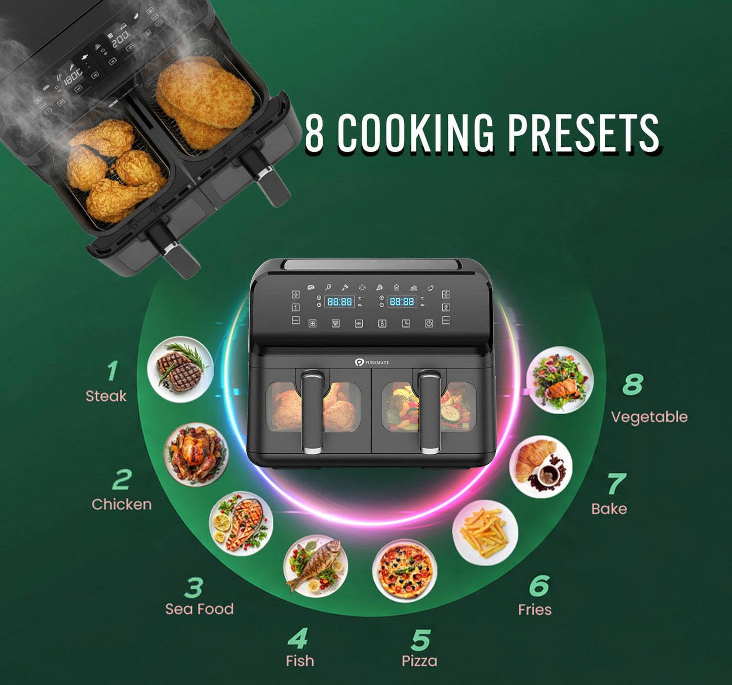 PureMate 9L Dual Air Fryer with Digital Display, Healthy Oil Free 2500W Air Fryer with 8 Preset, LED One Touch Screen, Timer & Adjustable Temperature Control (9L(4.5L+4.5L) Dual Basket)