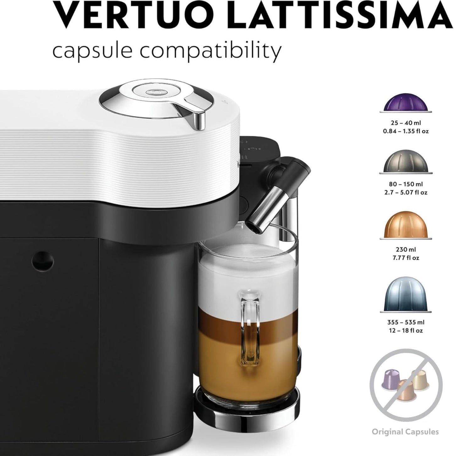 De'Longhi Nespresso Vertuo Lattissima ENV300.W, Automatic Coffee Machine with Automatic Milk Frother, Single-Serve Capsule Coffee Machine, 5 Cup Sizes, 1500W, Matt White & Glossy