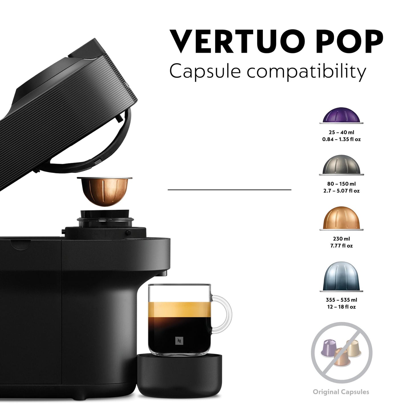 Nespresso Vertuo Pop Coffee Machine by De'Longhi, Over 40 Varieties of Pods, 6 Coffee Cup Sizes, Espresso, Cappuccino, Starter Capsule Set Included, ENV90.B, Black