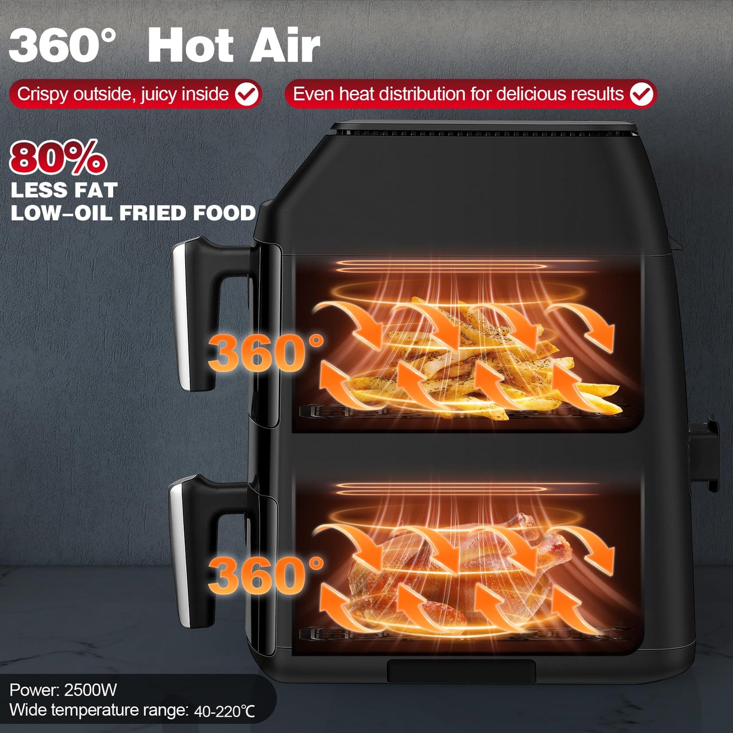 Dual Air Fryer, TopStrong Double Stack Air Fryer with Visual Window, 6 Functions-Air Fry, Air Roast, Bake, Broil, Reheat, Dehydrate, Dishwasher Safe Non-Stick Baskets, 2500W, Family Size(11L)