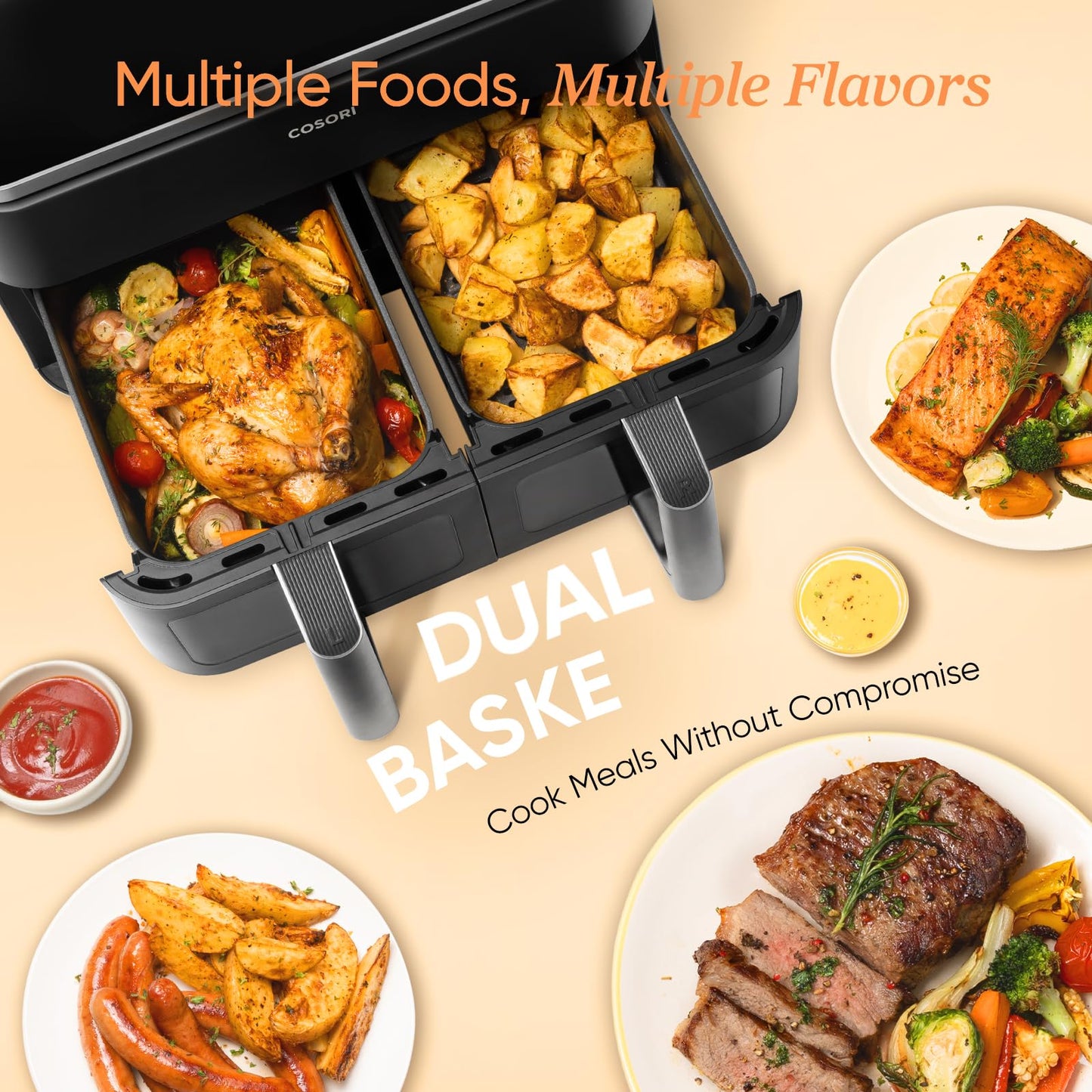 Cosori Dual Air Fryer, 8.5L Family Size, 8-In-1 Double Airfryer, Air Fry, Roast, Bake, Sync Cook & Finish, Fast and Energy Save, Healthy 50+ Online Recipes, 5 Accessories, Non-Stick