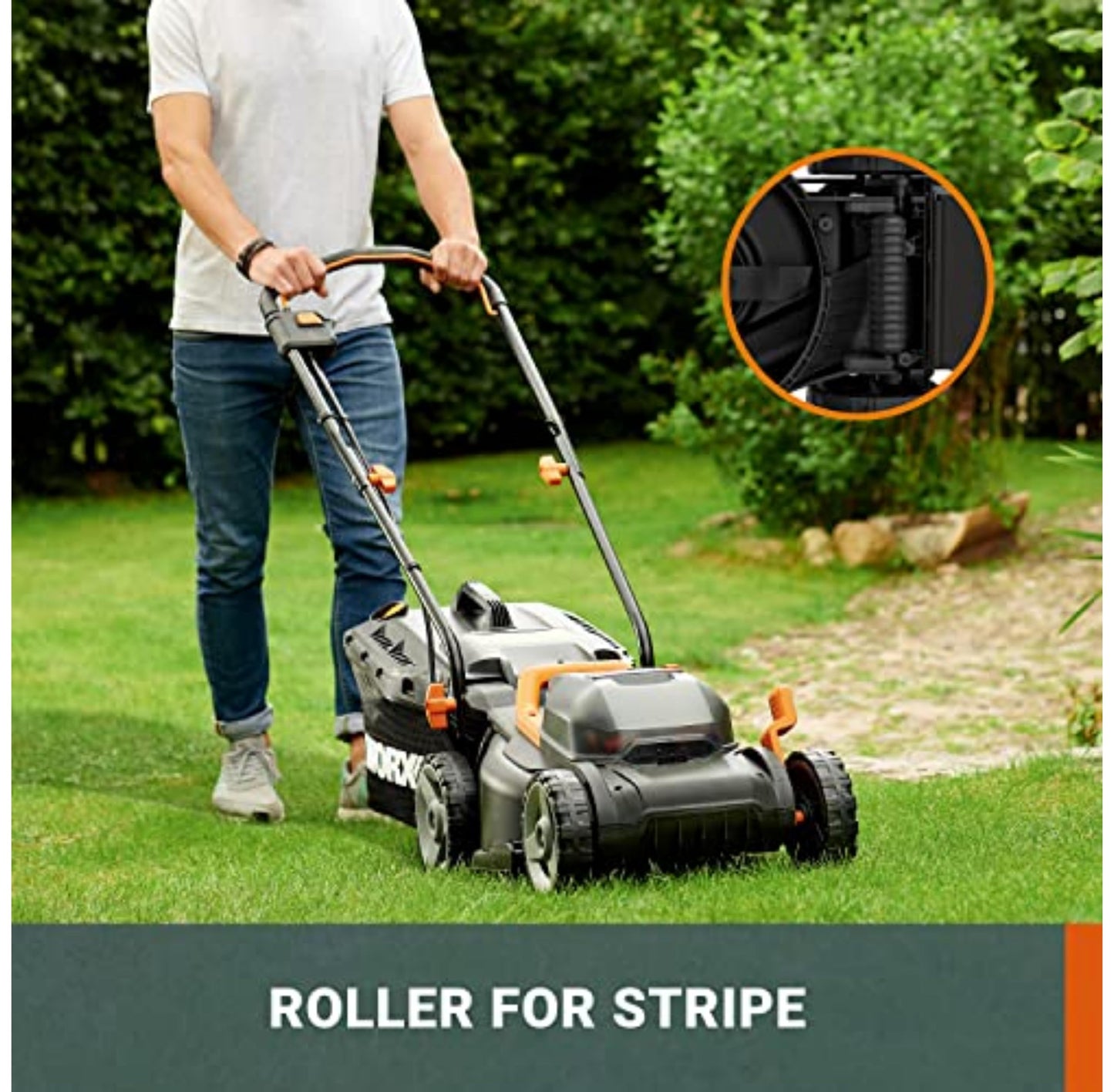 Worx WG779E.2 40V 34cm Cordless Lawnmower, ideal for Gardens up to 230㎡, Cut-to-Edge, striped Lawn Roller, foldable Handle, PowerShare, includes 2x 2.0Ah Batteries, Charger & 30L Grass collection bag