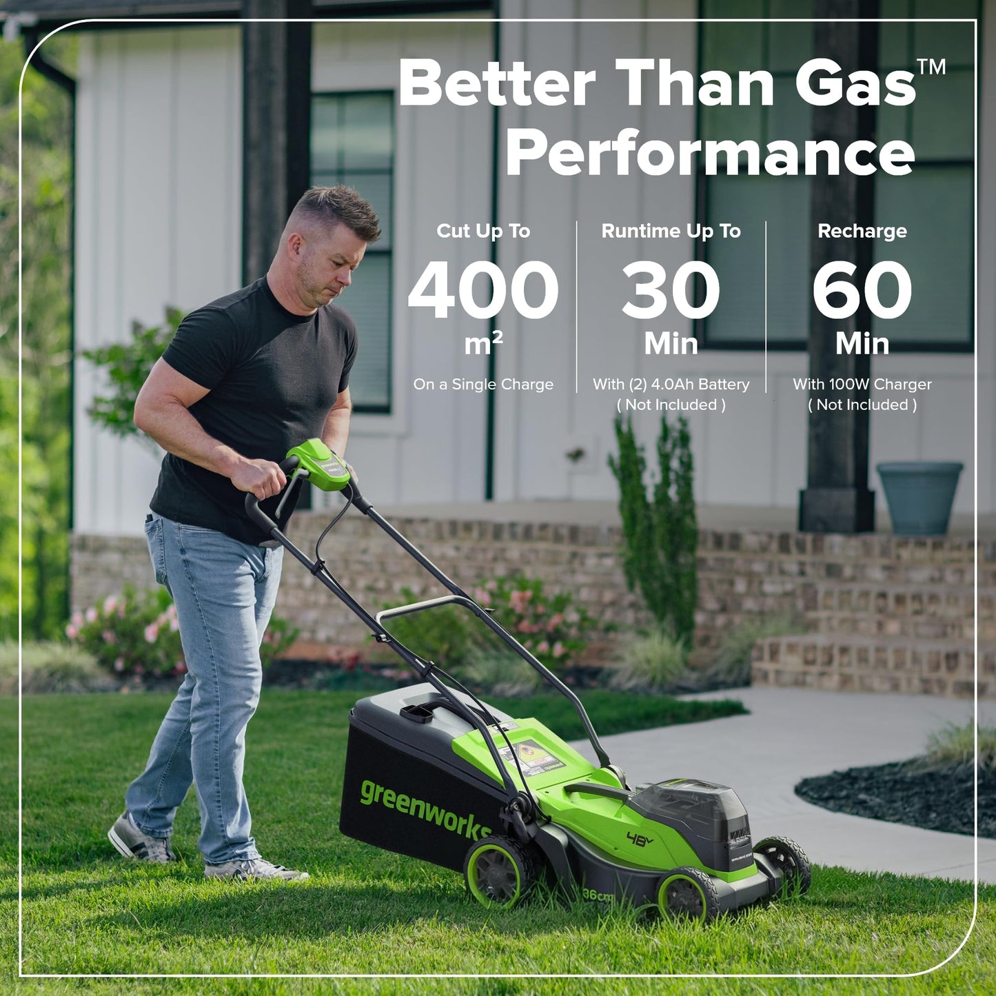 Greenworks 48V (24V x 2) Lithium‑Ion Cordless Lawnmower, 36cm Cutting Width, up to 400m², 40L Grass Bag, 5-position central height adjustment 30–80mm, Battery & Charger Not Included – LM3602