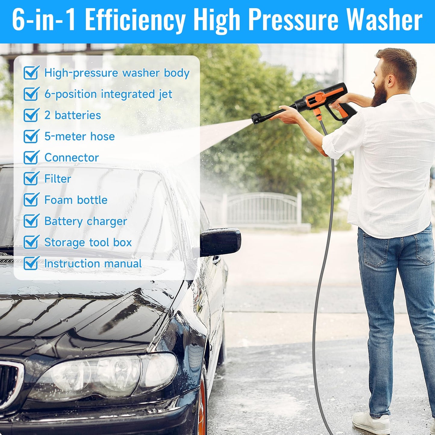 6-in-1 Cordless Pressure Washer, Portable Jet Wash with 120Bar Max Pressure & 3.4GPM Flow, Dual 21V 3.0Ah Batteries, 10-Speed Power Washer for Car, Patio, Bike, Camping Gear & Window Cleaning