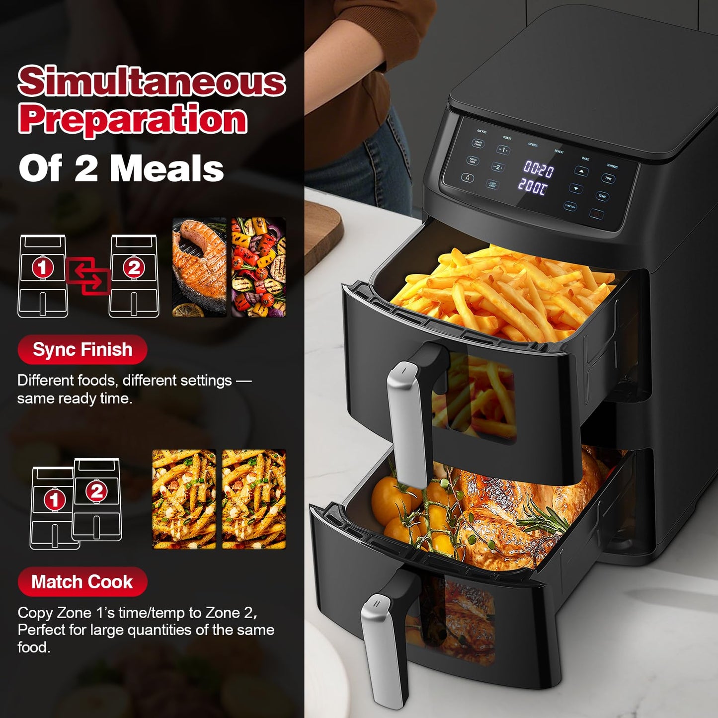 Dual Air Fryer, TopStrong Double Stack Air Fryer with Visual Window, 6 Functions-Air Fry, Air Roast, Bake, Broil, Reheat, Dehydrate, Dishwasher Safe Non-Stick Baskets, 2500W, Family Size(11L)