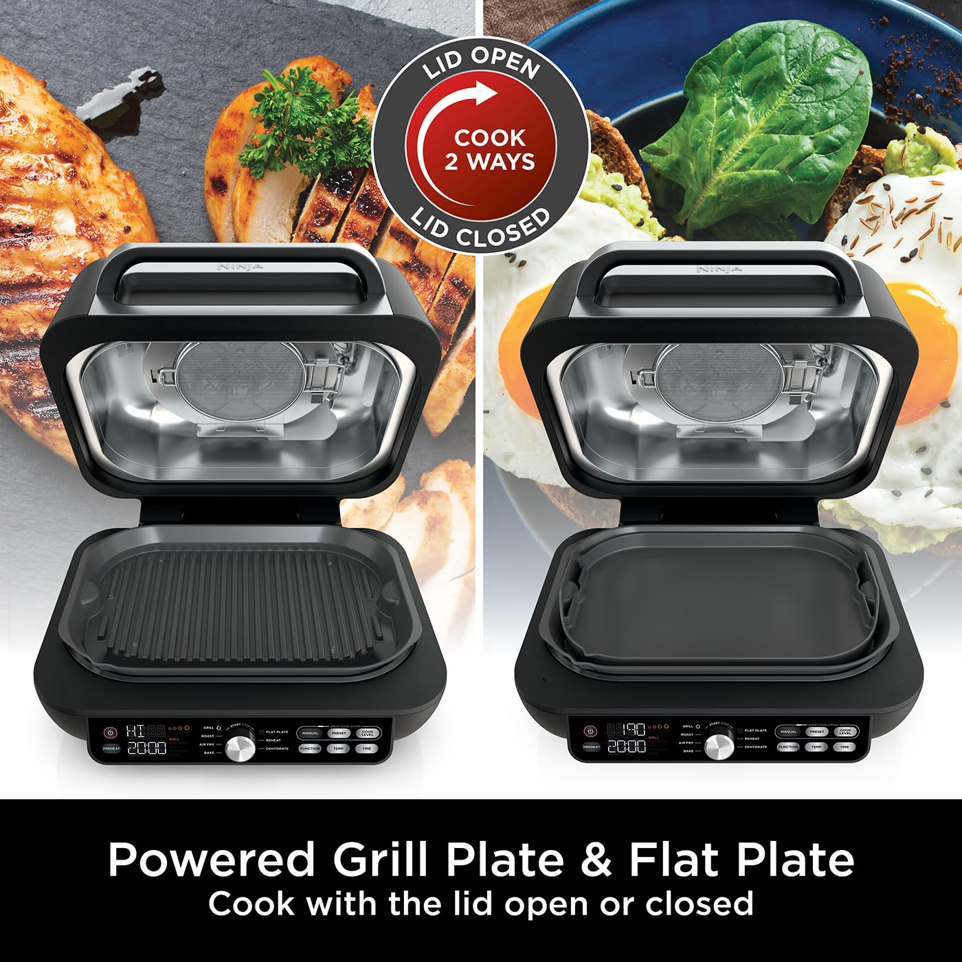 Ninja Foodi MAX PRO Health Grill, Flat Plate & Air Fryer 3.8L with Digital Cooking Probe, 7-in-1, Air Fry, Bake & more, Dishwasher Safe Parts, Cleaning Brush, Large Grill Plate, Silver/Black AG651UK
