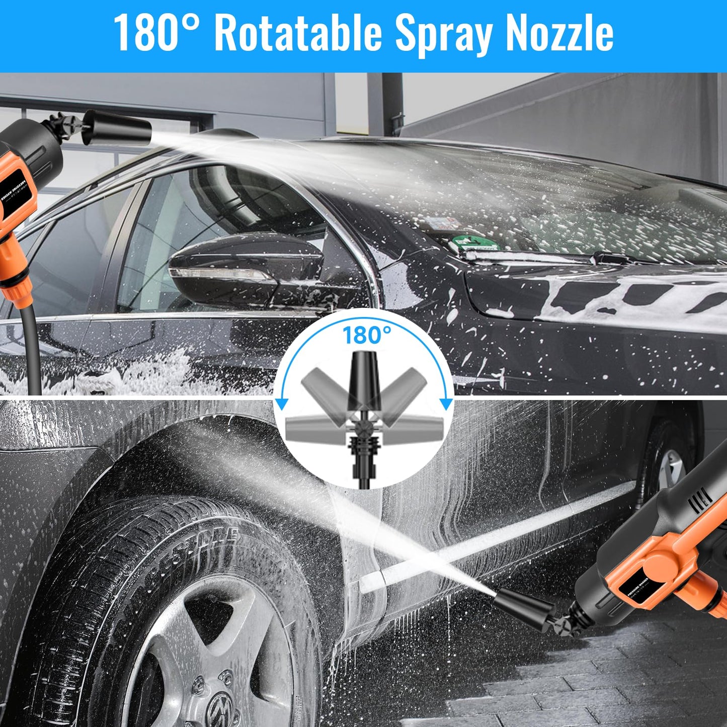 6-in-1 Cordless Pressure Washer, Portable Jet Wash with 120Bar Max Pressure & 3.4GPM Flow, Dual 21V 3.0Ah Batteries, 10-Speed Power Washer for Car, Patio, Bike, Camping Gear & Window Cleaning