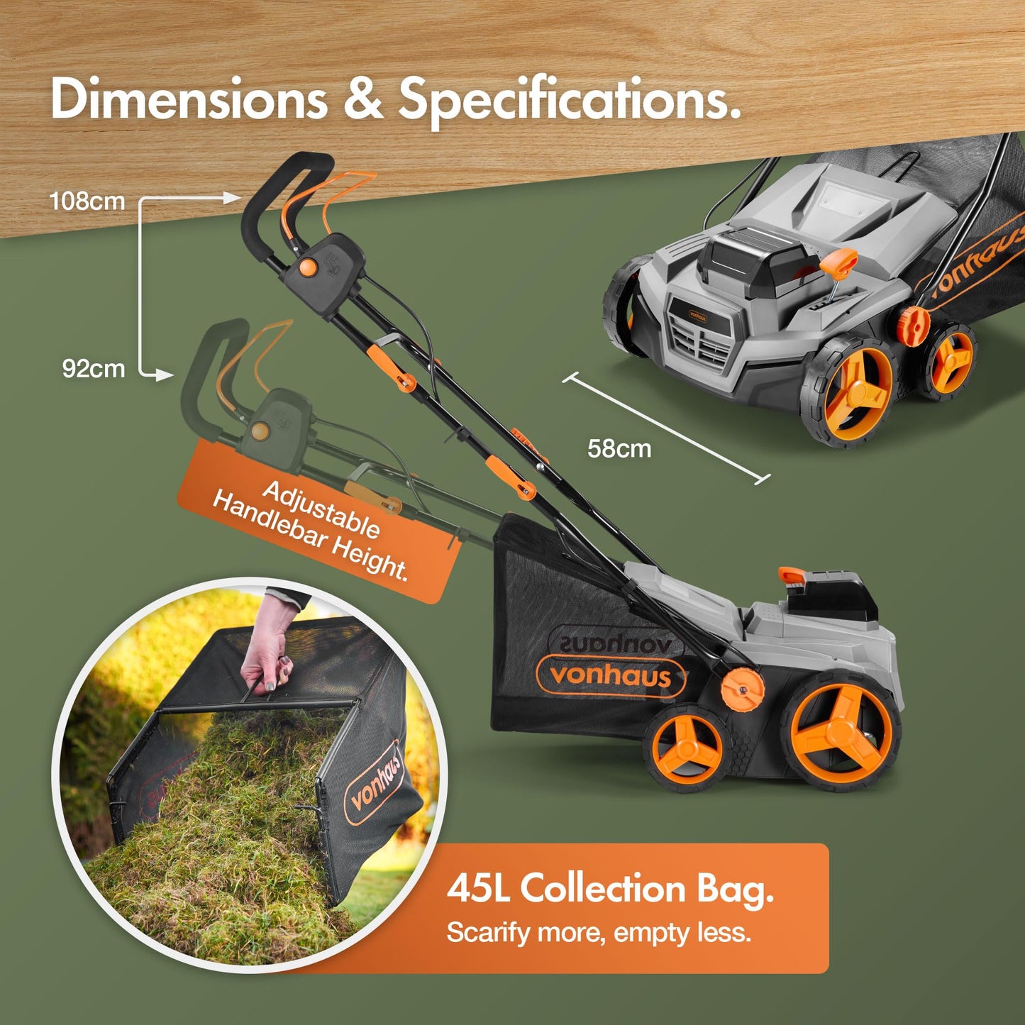 VonHaus Lawn Scarifier/Aerator/Rake Cordless – for Dethatching/Raking Grass of Thatch, Moss, Dead Leaves & Aerates Soil – 40V Battery (2x 20V), Dual Charger, 45L Collection Box, 38cm Working Width