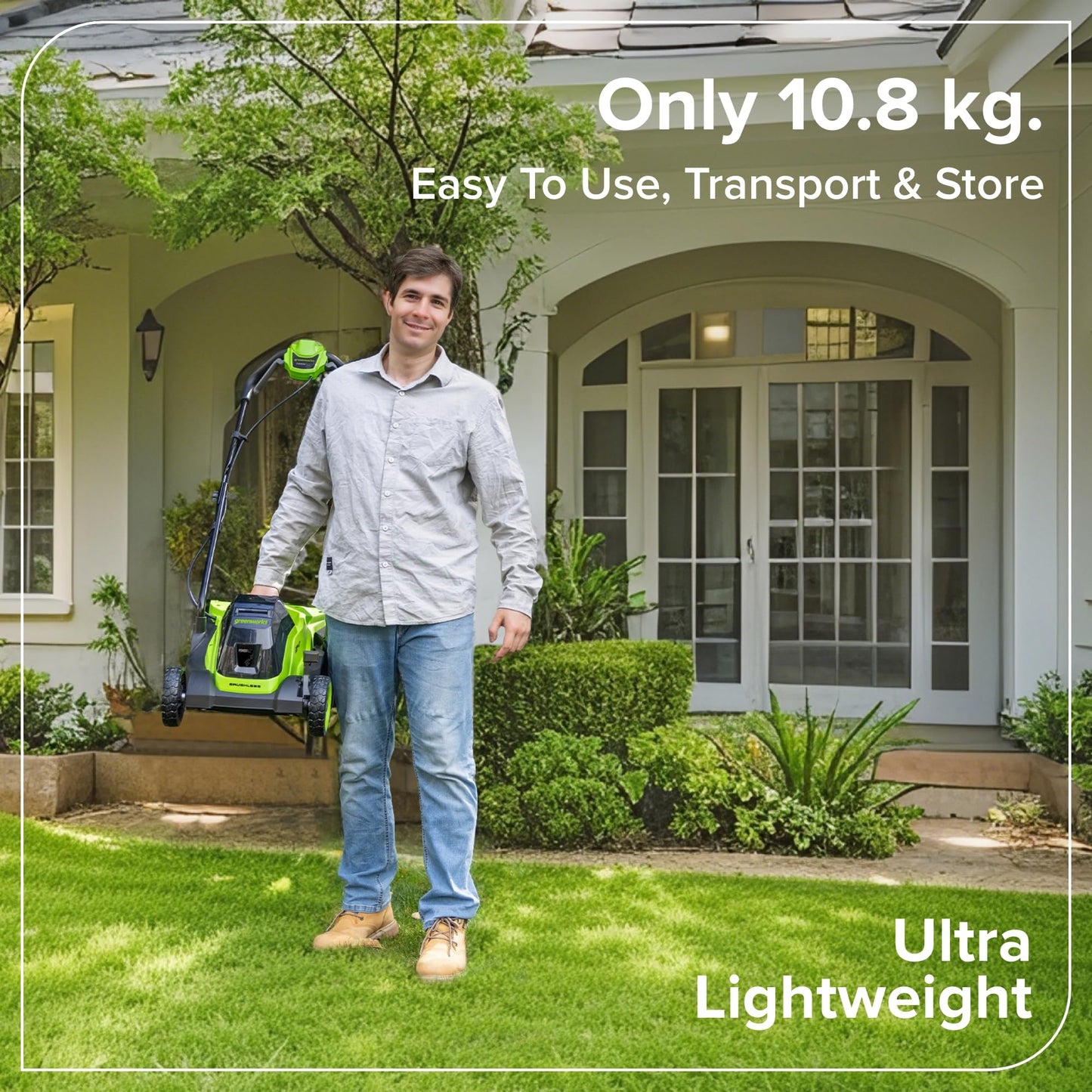 Greenworks 24V Cordless Lawnmower with Brushless Motor for Smaller Lawns up to 140m², 33cm Cutting Width, 30L Bag, Lawnmower with 24V 4Ah Battery & Charger, 3 Year Guarantee-MO24L411-01