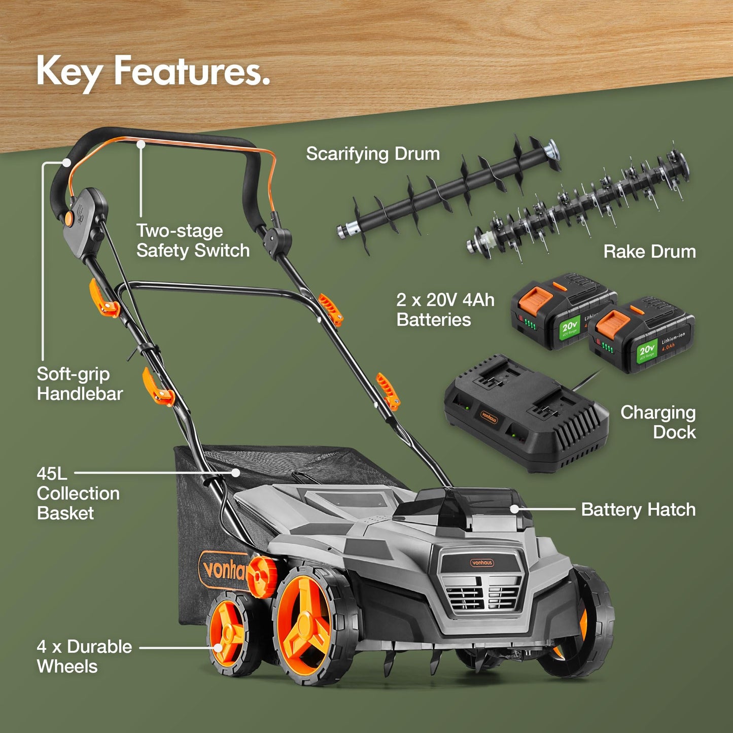 VonHaus Lawn Scarifier/Aerator/Rake Cordless – for Dethatching/Raking Grass of Thatch, Moss, Dead Leaves & Aerates Soil – 40V Battery (2x 20V), Dual Charger, 45L Collection Box, 38cm Working Width