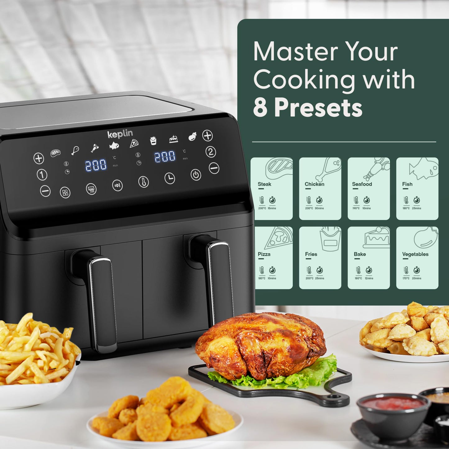 Keplin 9L Dual Zone Air Fryer - 2700W 8-in-1 Cooker Black