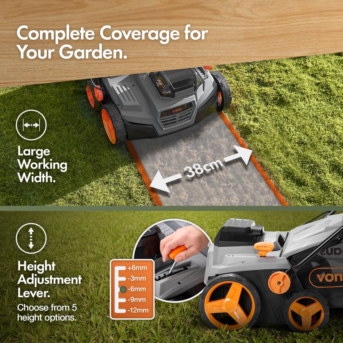 VonHaus Lawn Scarifier/Aerator/Rake Cordless – for Dethatching/Raking Grass of Thatch, Moss, Dead Leaves & Aerates Soil – 40V Battery (2x 20V), Dual Charger, 45L Collection Box, 38cm Working Width