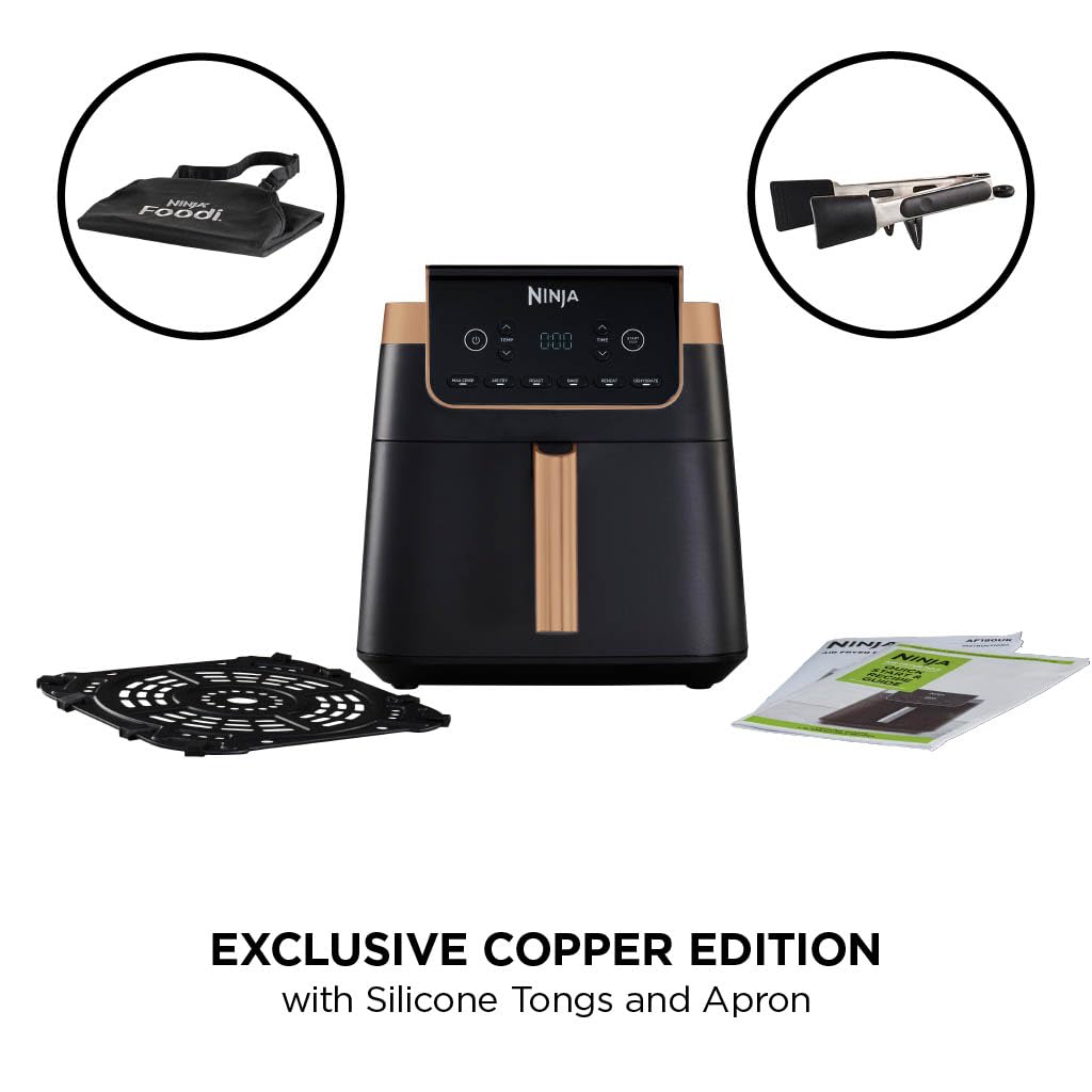 Ninja Air Fryer MAX PRO, 6.2L, Uses No Oil, Large Square Single Drawer, Roast, Bake, Air Fry, Family Size, Non-Stick, Dishwasher Safe Basket & Crisper Plate, Silicone Tongs, Black & Copper, AF180UKCP