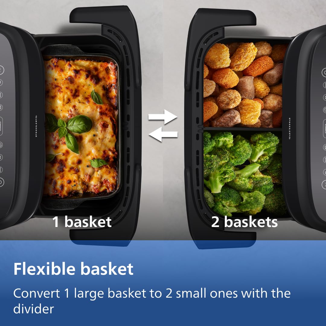 Philips Dual Basket Airfryer 1000 Series - 7.1L Mega Draw or Dual 3.5L+3.5L cooking zone, RapidAir Technology, 10 Cooking Functions, 90% Less Fat, Compact Design, (NA154/09)