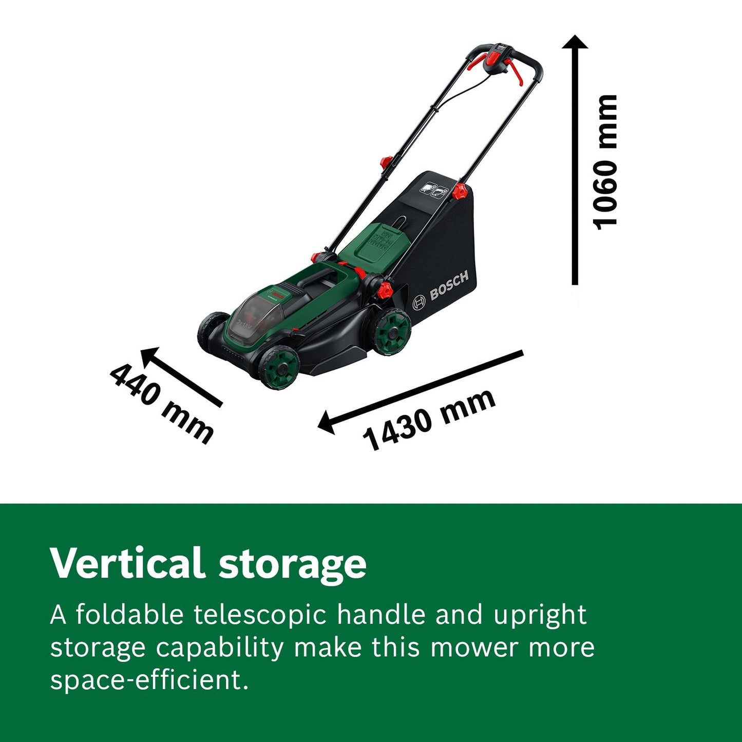 Bosch Cordless Lawn Mower ROTAK18V2-38 (Cutting Width: 38 cm, Height of Cut: 30-75 mm, 40 l Fabric Grass Bag, Mulch Plug, incl 2 x 18V Battery and Charger)
