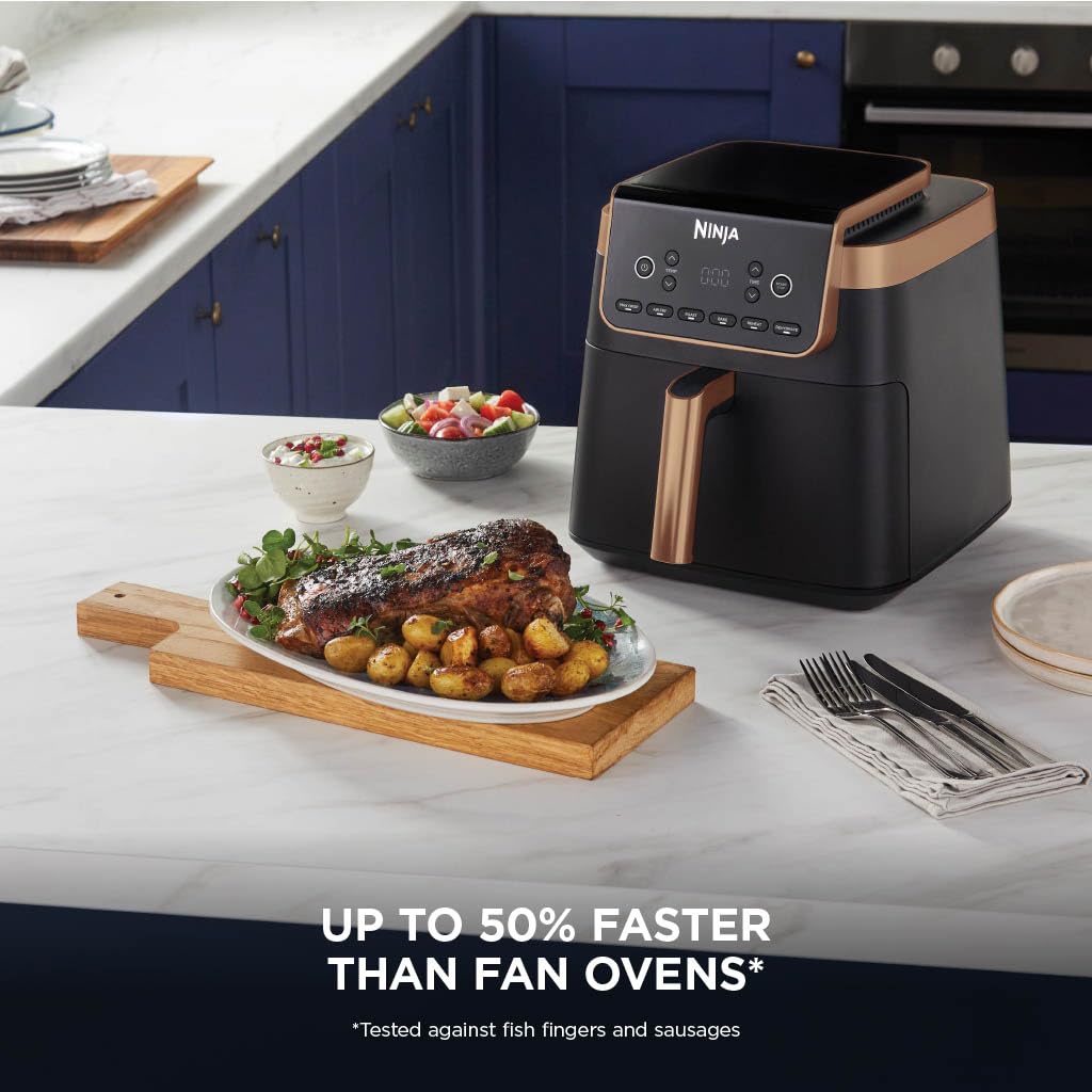 Ninja Air Fryer MAX PRO, 6.2L, Uses No Oil, Large Square Single Drawer, Roast, Bake, Air Fry, Family Size, Non-Stick, Dishwasher Safe Basket & Crisper Plate, Silicone Tongs, Black & Copper, AF180UKCP