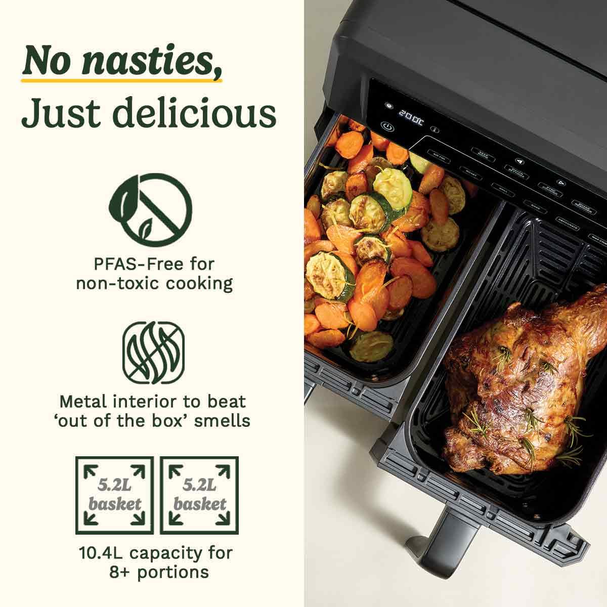 Cuisinart XXL10.4L Air Fryer with 2 x 5.2L Drawers |PFAS Free|Chemical-free cooking | Air Fry, Roast, Grill, Bake, Dehydrate, Max Crisp, Keep Warm | Dual Zones - cook 8+ portions|Dishwasher Safe