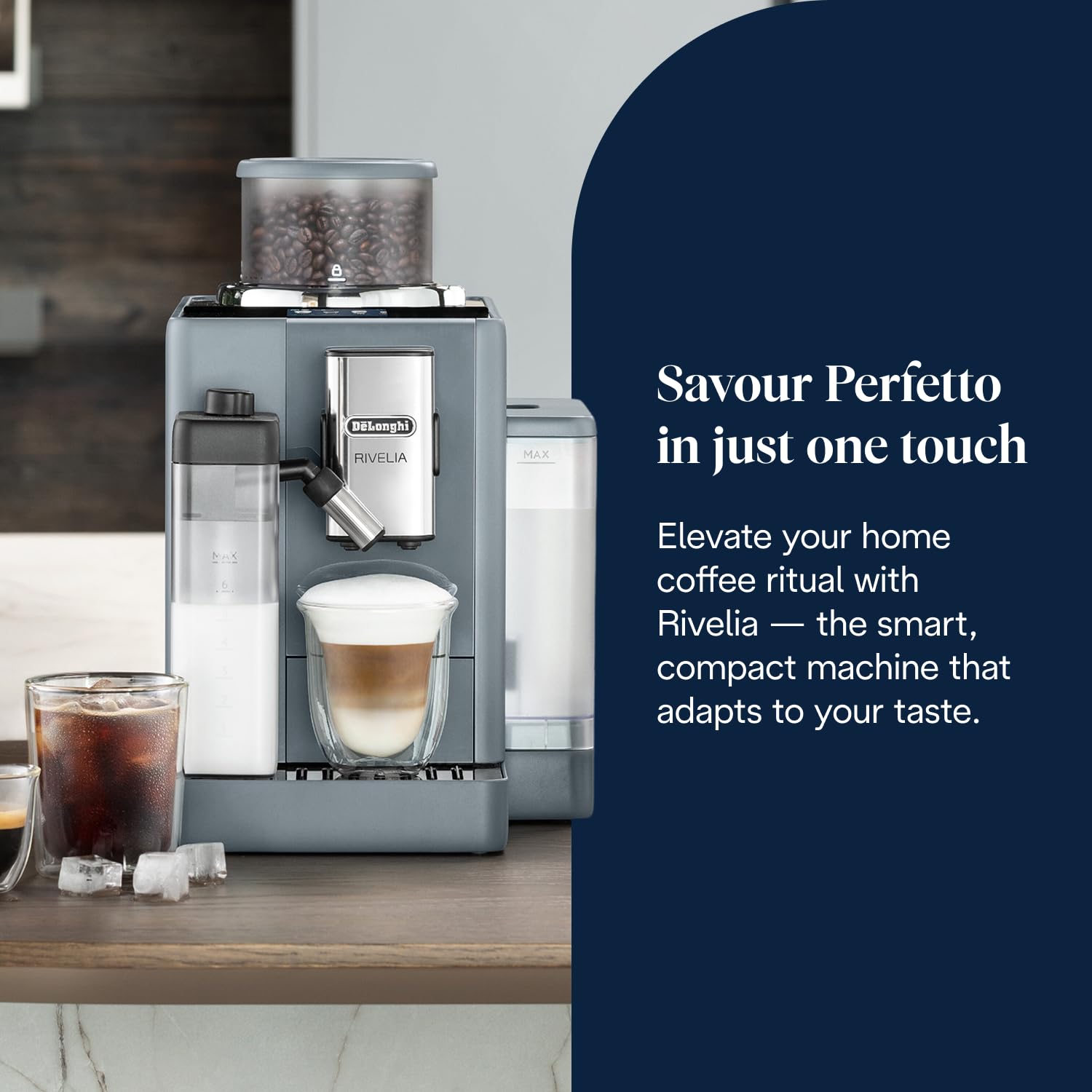 Delonghi Rivelia EXAM440.55.G, Fully Automatic Coffee Machine with LatteCrema Hot, Automatic Milk Frother, Compact Size Bean to Cup Coffee Machine, 16 Recipes, Full Touch Colored Display, Pebble Grey