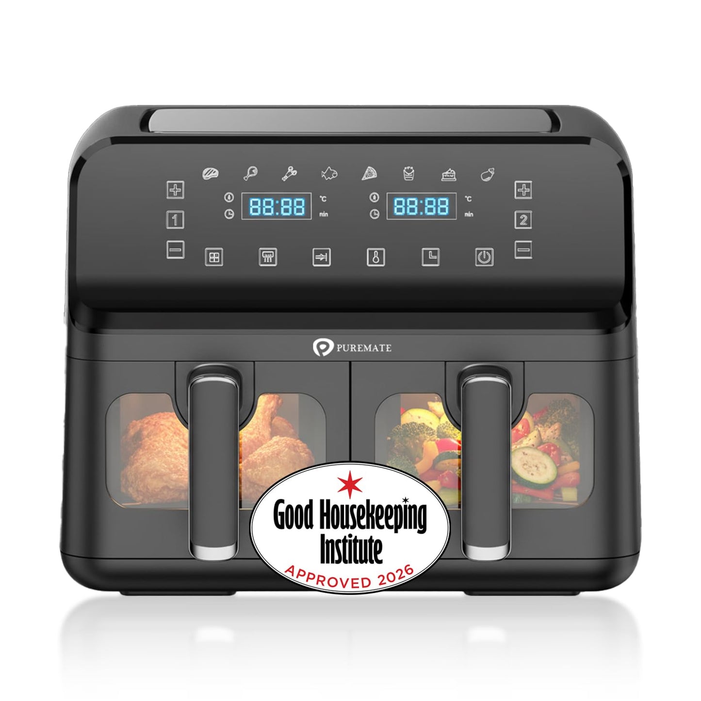 PureMate 9L Dual Air Fryer with Digital Display, Healthy Oil Free 2500W Air Fryer with 8 Preset, LED One Touch Screen, Timer & Adjustable Temperature Control (9L(4.5L+4.5L) Dual Basket)