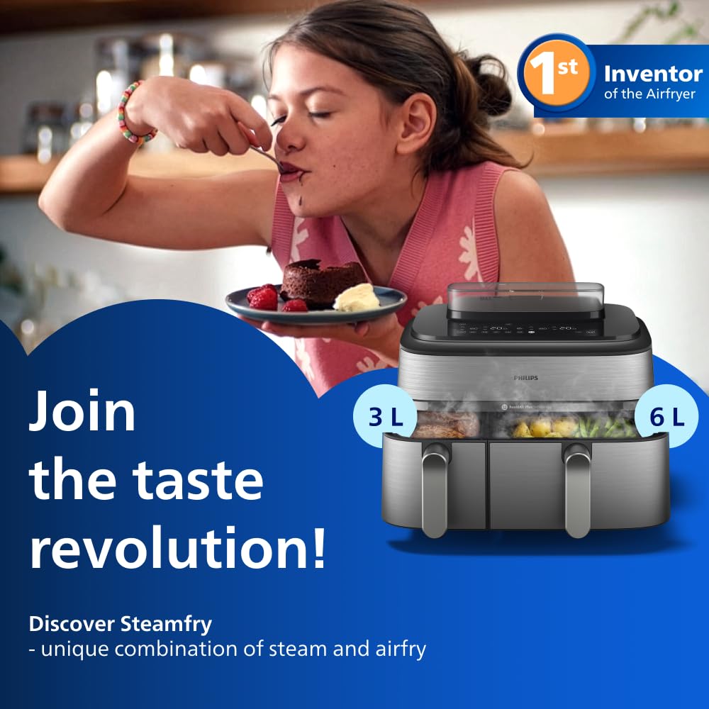 Philips Airfryer 5000 Series Dual Basket with Steam - Unique Steamfry, Steam & Airfry - 19 Ways to Cook; 9L Capacity (3L + 6L), RapidAir Plus Technology, Auto SteamClean (NA555/09)