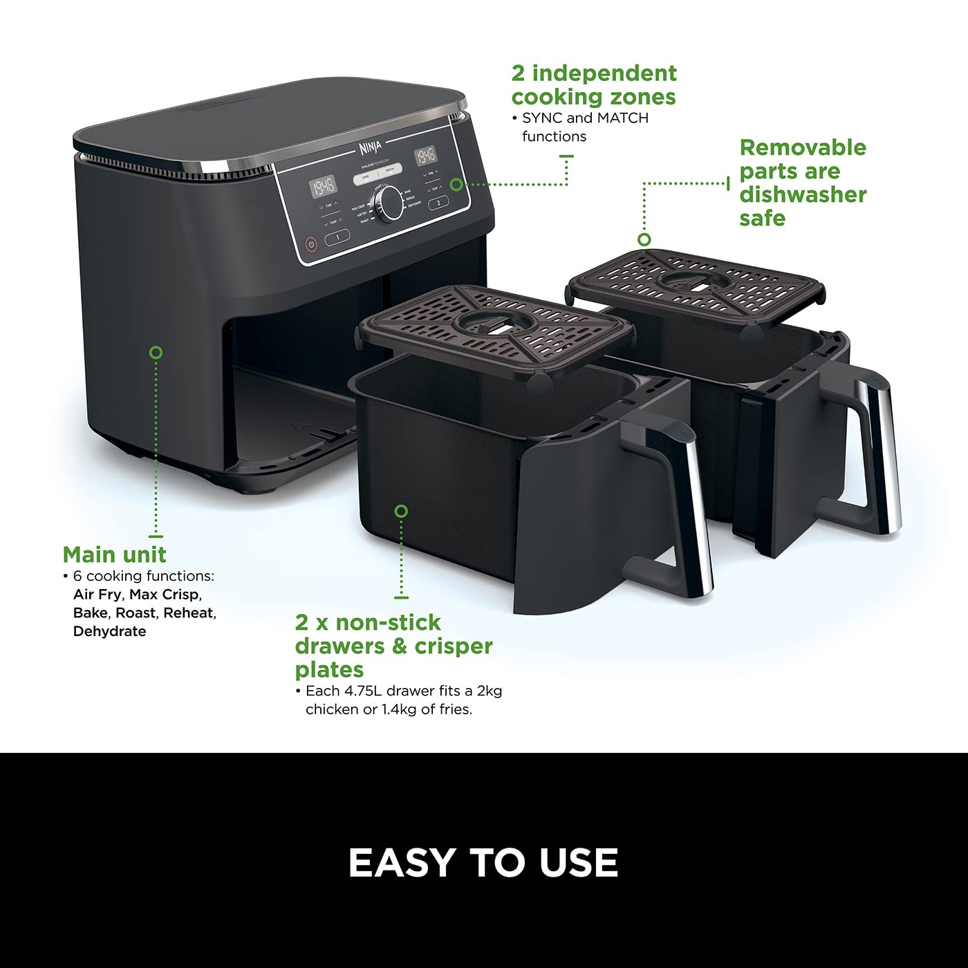 Ninja Foodi Max Dual Zone Air Fryer 9.5L Black AF400UK