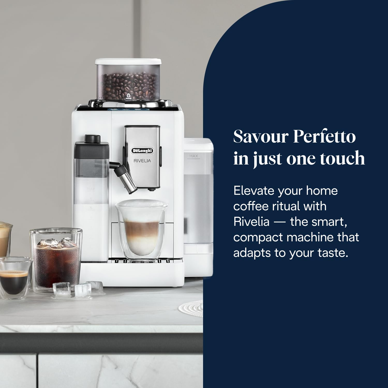 De'Longhi Rivelia EXAM440.55.W, Fully Automatic Coffee Machine with LatteCrema Hot, Automatic Milk Frother, Compact Size Bean to Cup Coffee Machine, 16 Recipes, Touch Colored Display, Arctic White