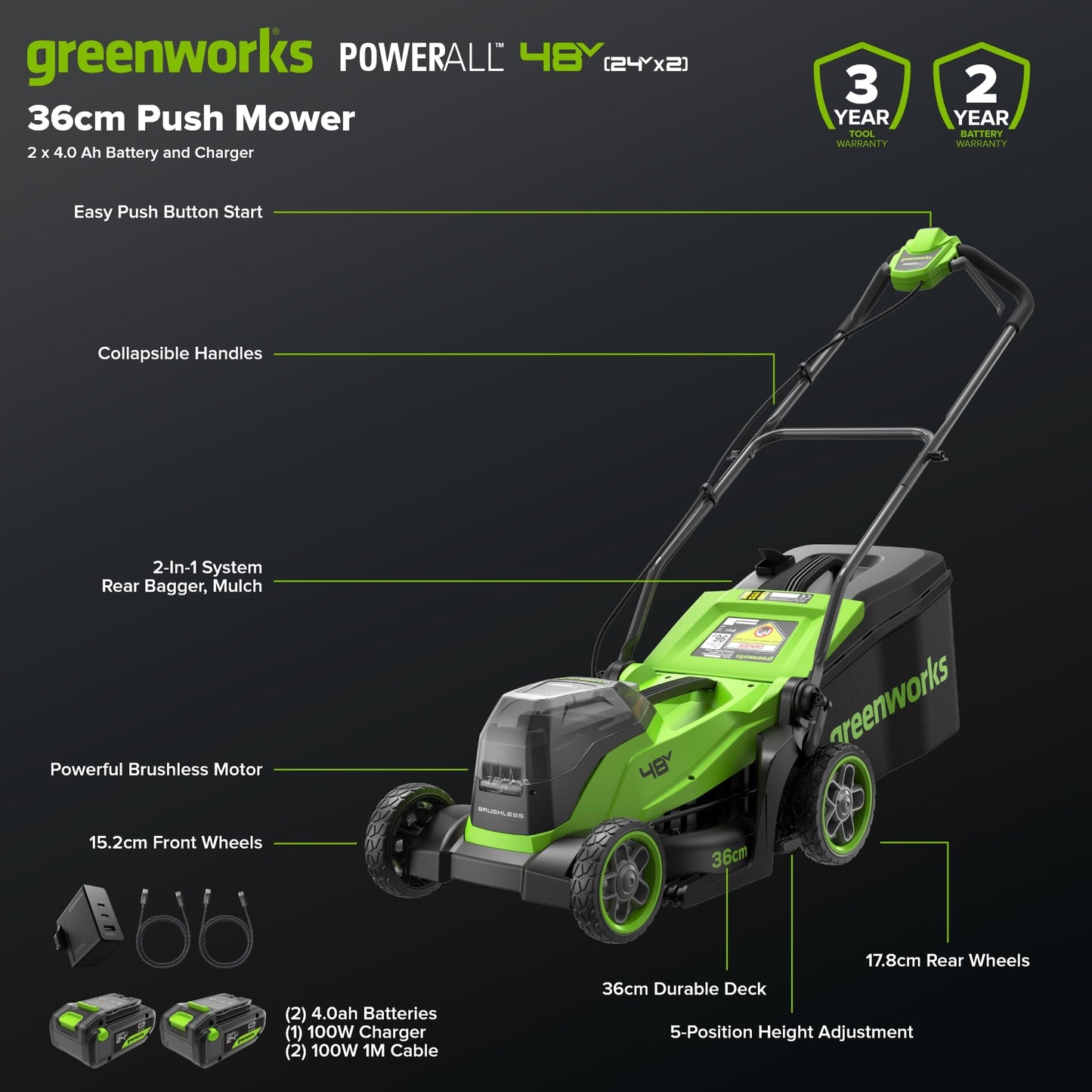 Greenworks 48V (24V x 2) Cordless Lawnmower for Large Lawns up to 400m2, 35cm Cutting Width, 40L Bag, Lawnmower with Two 4Ah Batteries and Twin Charger, 3 Year Guarantee MO48L421-01