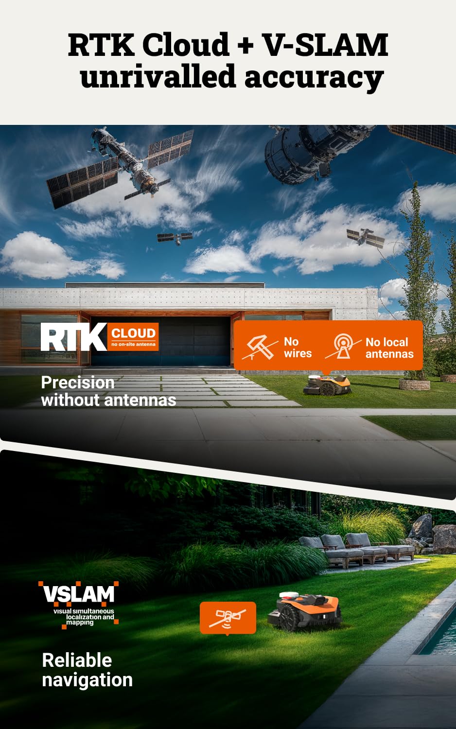 WORX Landroid Vision Cloud WR305E 2WD Robotic Lawnmower without Boundary Cable for 500 m² (AI Obstacle Detection, VSLAM+ RTK Cloud Navigation, Auto Mapping, App Control)