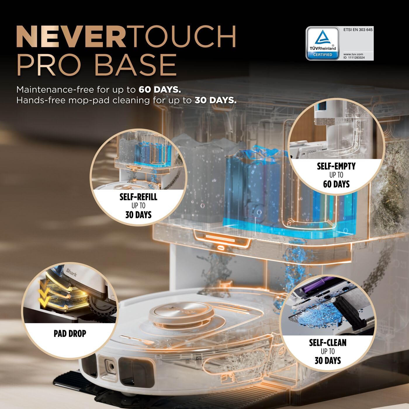 Shark PowerDetect Robot Vacuum and Mop with 60-Day Self-emptying and Cleaning Base - 3D LiDAR Navigation - Wi-Fi/App - 4 Anti-microbial Pads, 2 Odour Cartridges and 2 Brushes Incl. - White