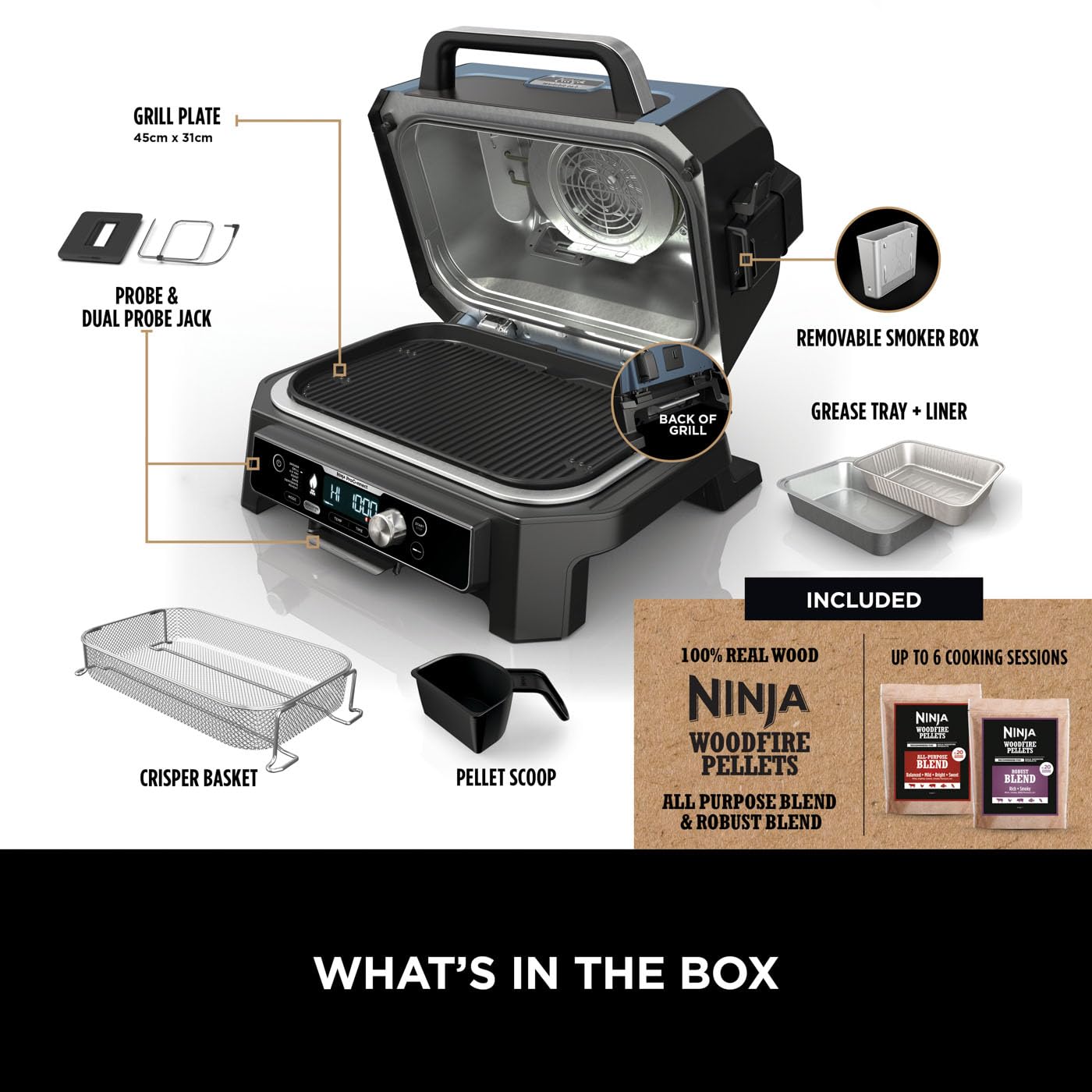 Ninja Woodfire Pro Connect XL Electric BBQ Grill and Smoker with App Control, Digital Probe, Large 7-in-1 Outdoor Grill and Air Fryer with Woodfire Pellets, Weather Resistant, Blue and Black OG901UK