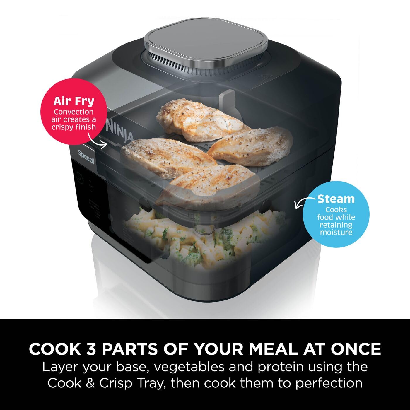 Ninja Speedi 12-in-1 Multi-Cooker, Air Fryer and Slow Cooker, 5.7L Cooking Pot, Meals for 4 in Minutes, Air Fry, Steam, Grill, Bake, Roast, Sear, Slow Cook and More, Grey ON500UK
