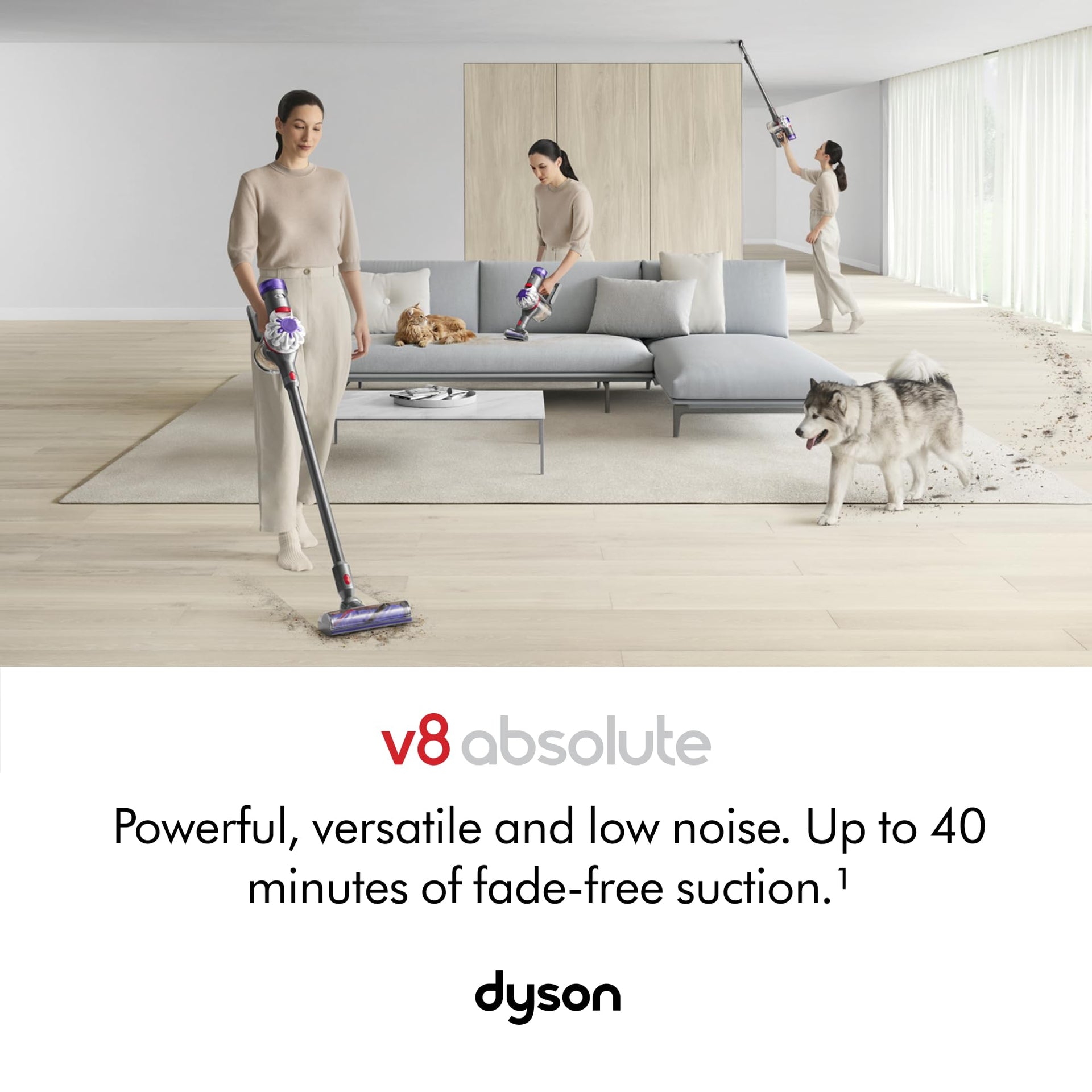 Dyson V8 Absolute Cordless Vacuum Cleaner, 115 AW, up to 40 min runtime, De-tangling Motorbar, removes Pet hair, Fluffy cleaner head, cordless handheld