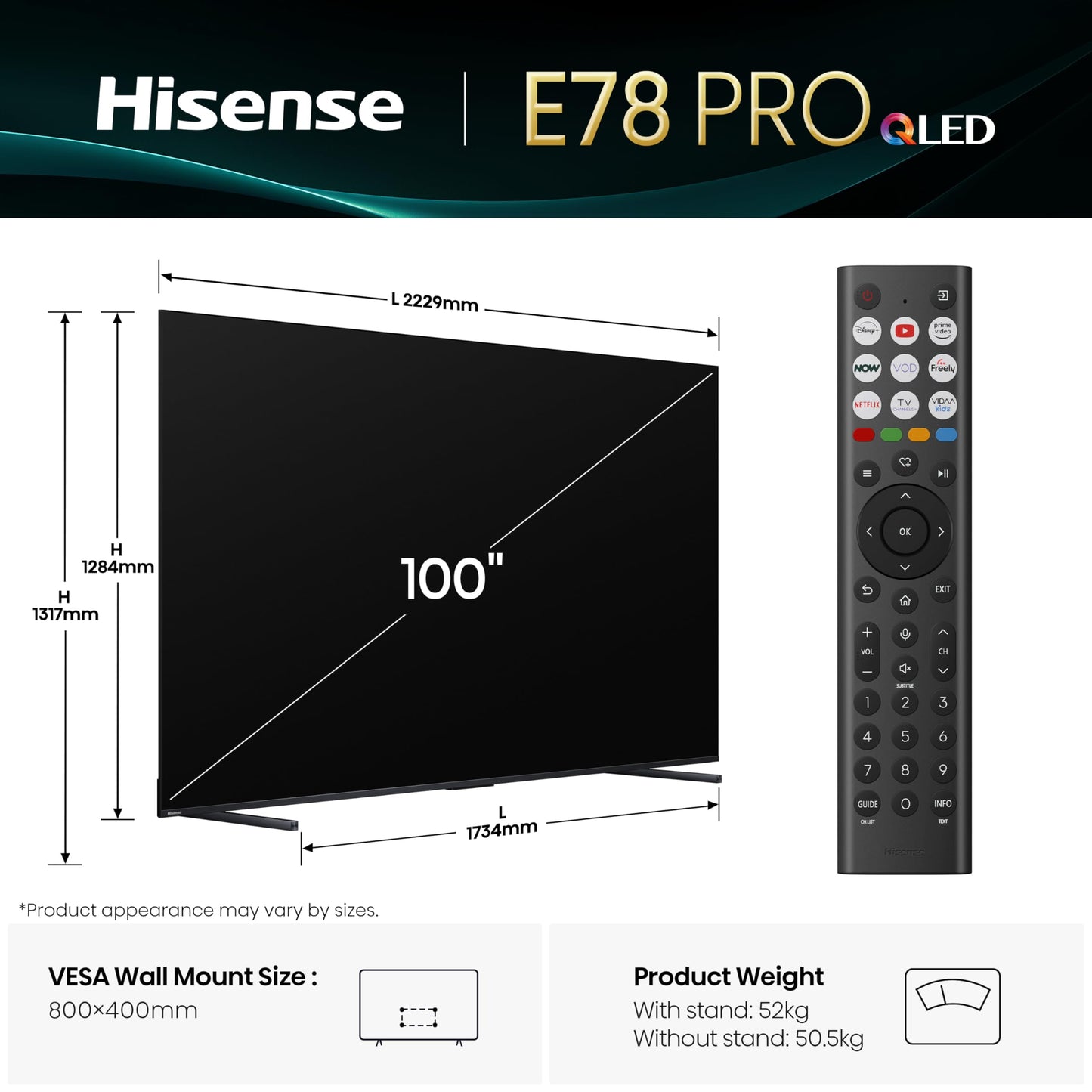 Hisense 100" 100E78QTUK PRO 144Hz QLED Smart TV - Black