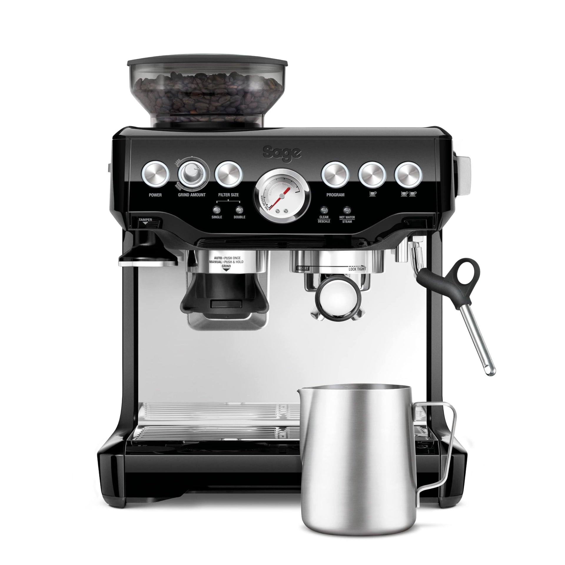 Sage - The Barista Express - Bean to Cup Coffee Machine with Grinder and Manual Milk Frother - 16 Grind Settings, 15 Bar Pump, PID Temp Control, Normal Milk Jug, Black Gloss