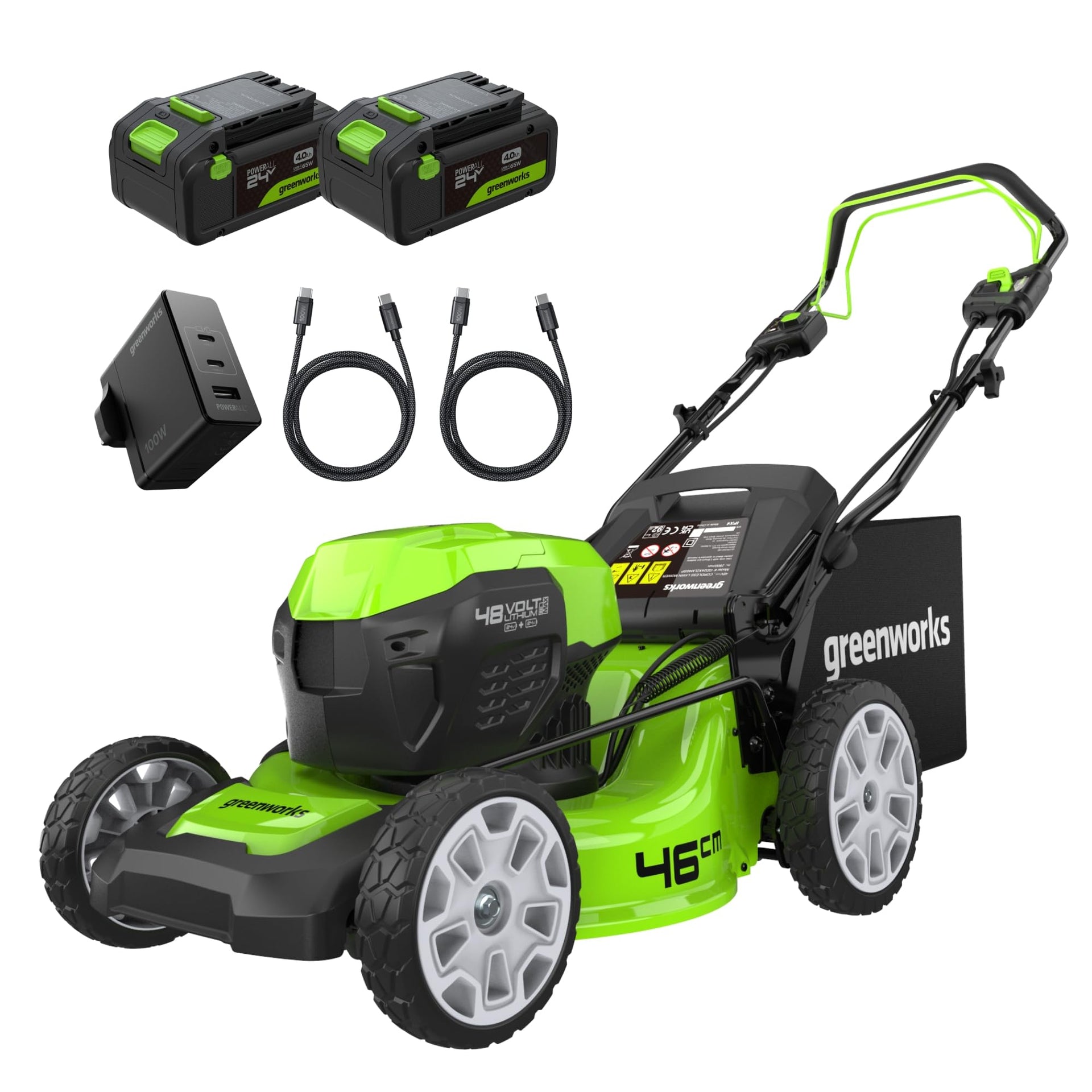 Greenworks 48V (2x24V) Self Propelled Cordless Lawnmower for Large Lawns up to 480m2, 46cm Cutting Width, 55LBag PLUS Two 4Ah Batteries and Twin Charger, 3 Year Guarantee GD24X2LM46SPK4X