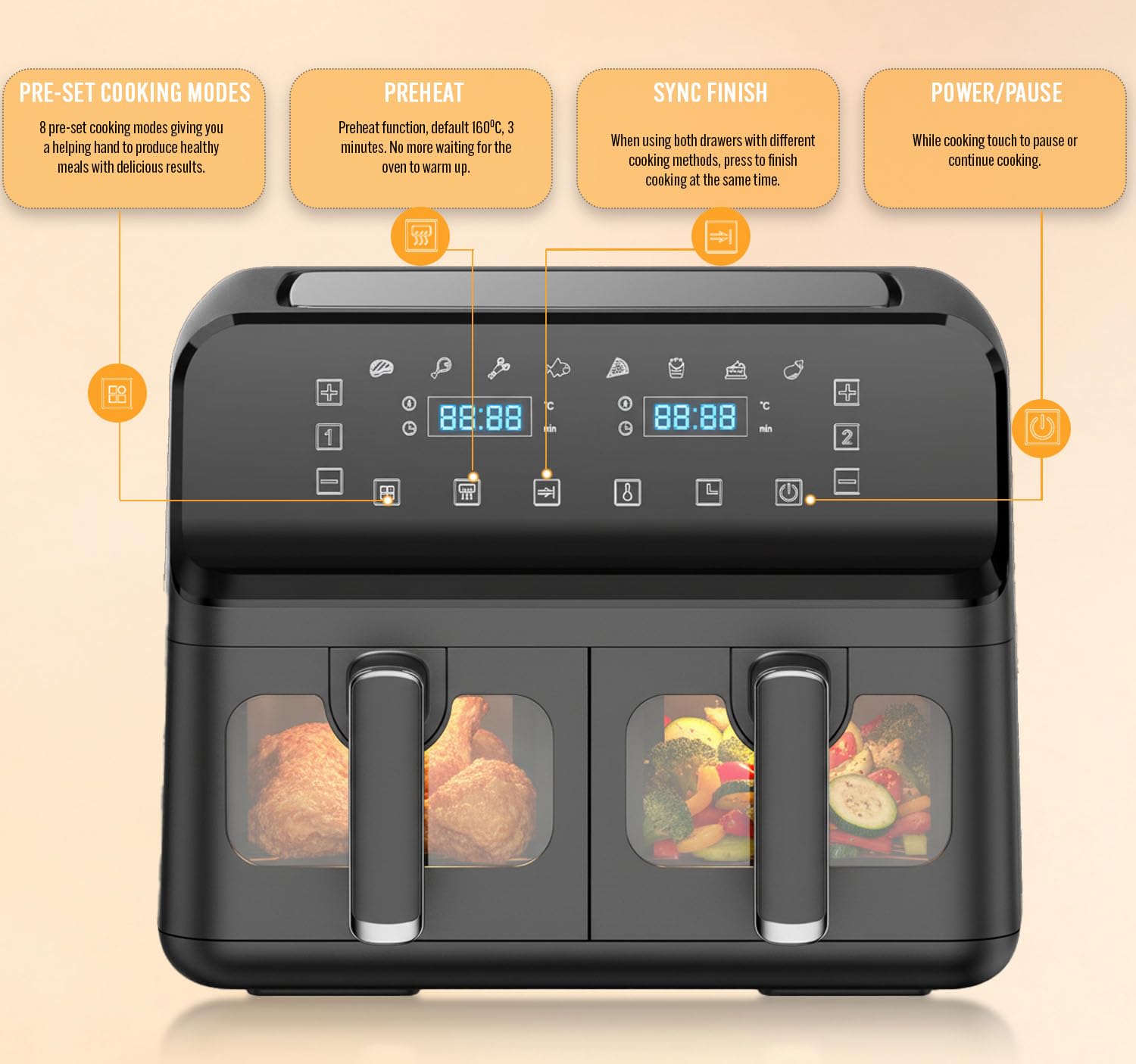 PureMate 9L Dual Air Fryer with Digital Display, Healthy Oil Free 2500W Air Fryer with 8 Preset, LED One Touch Screen, Timer & Adjustable Temperature Control (9L(4.5L+4.5L) Dual Basket)