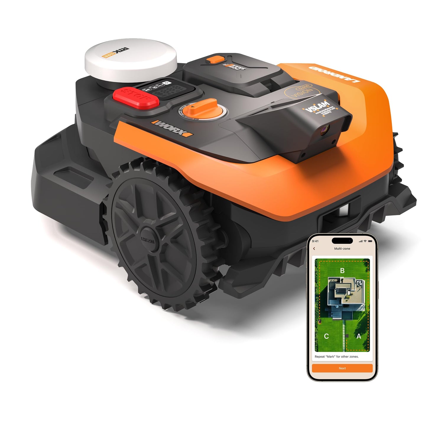 WORX Landroid Vision Cloud WR305E 2WD Robotic Lawnmower without Boundary Cable for 500 m² (AI Obstacle Detection, VSLAM+ RTK Cloud Navigation, Auto Mapping, App Control)