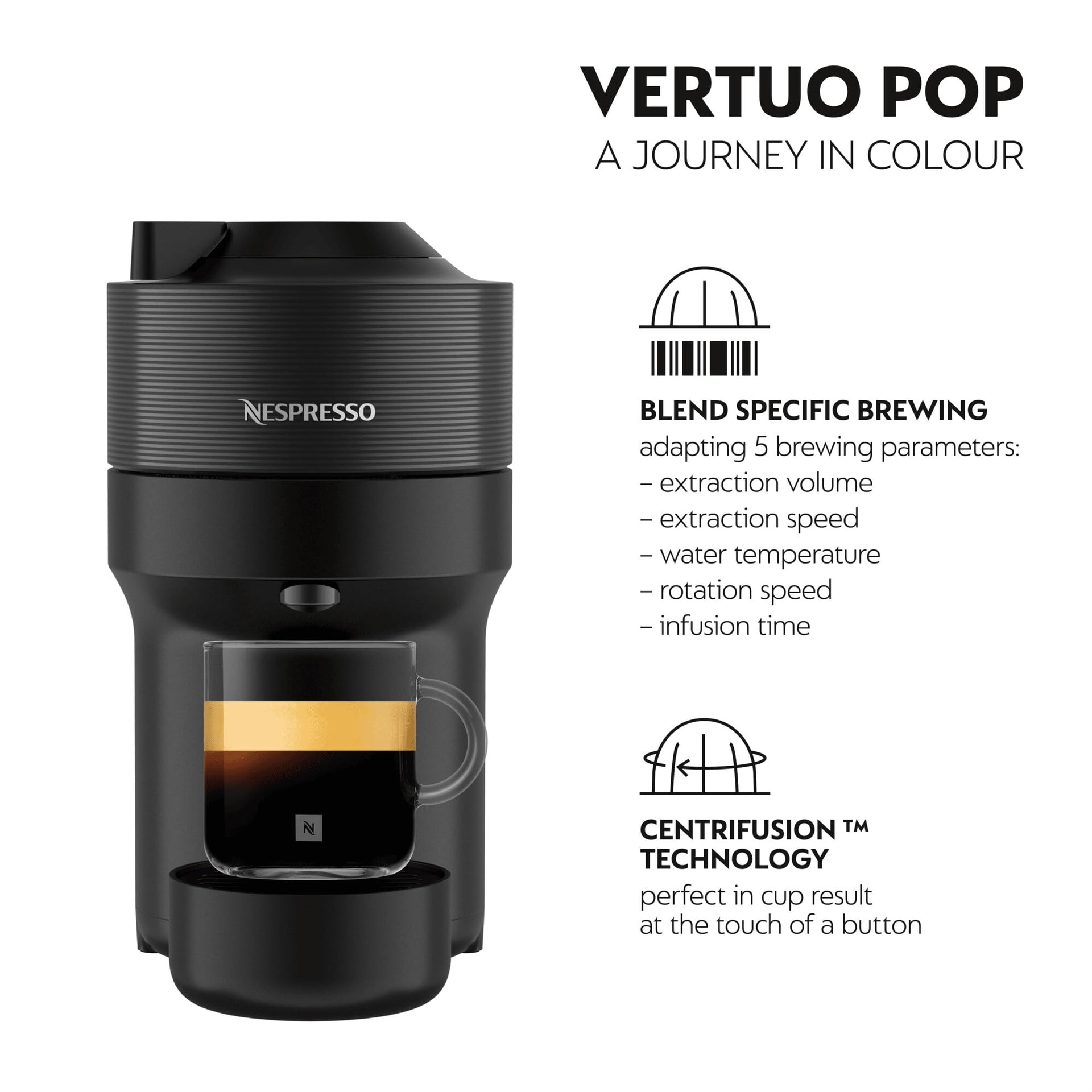 Nespresso Vertuo Pop Coffee Machine by De'Longhi, Over 40 Varieties of Pods, 6 Coffee Cup Sizes, Espresso, Cappuccino, Starter Capsule Set Included, ENV90.B, Black