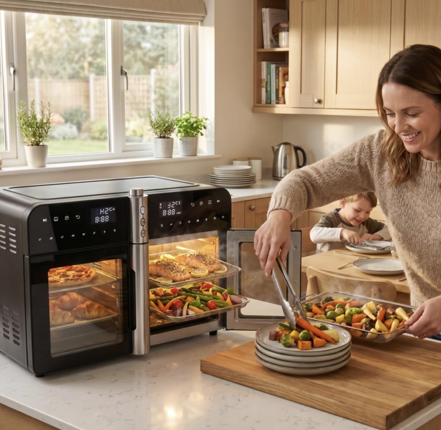 Bridge Pro 36 Litre Air Fryer Oven with French Doors and Accessories - XXL Air Fryer Dual Zone, Family Sized, Double Door, 16 in 1 Table Top Oven, Extra Large for Family, Fast and Healthy Cooking