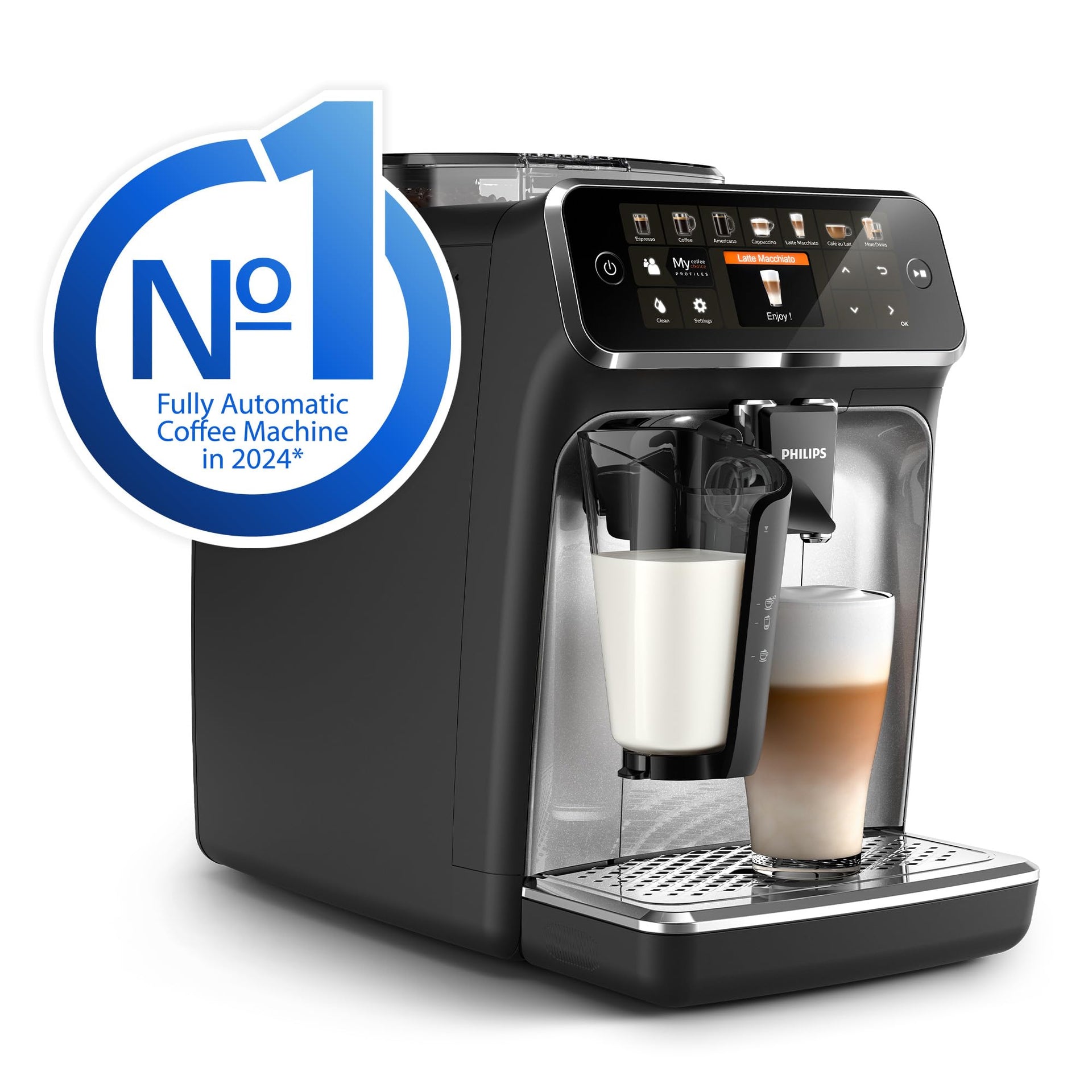 Philips 5400 Series Bean to Cup Coffee Machine – 12 Coffee Varieties, LatteGo Milk Frother, Fastest-to-Clean, Ceramic Grinder, Fully Automatic Espresso & Cappuccino maker – Black, Silver (EP5446/70)