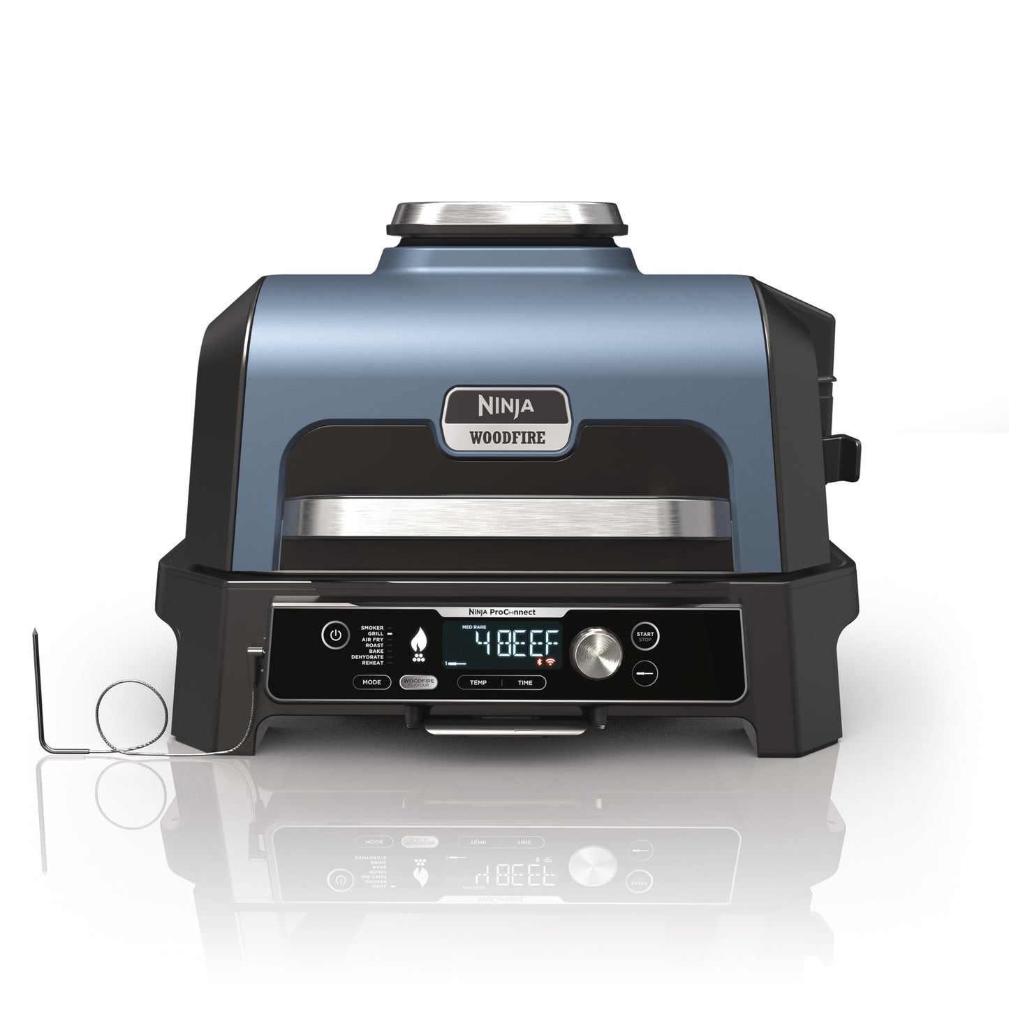 Ninja Woodfire Pro Connect XL Electric BBQ Grill and Smoker with App Control, Digital Probe, Large 7-in-1 Outdoor Grill and Air Fryer with Woodfire Pellets, Weather Resistant, Blue and Black OG901UK